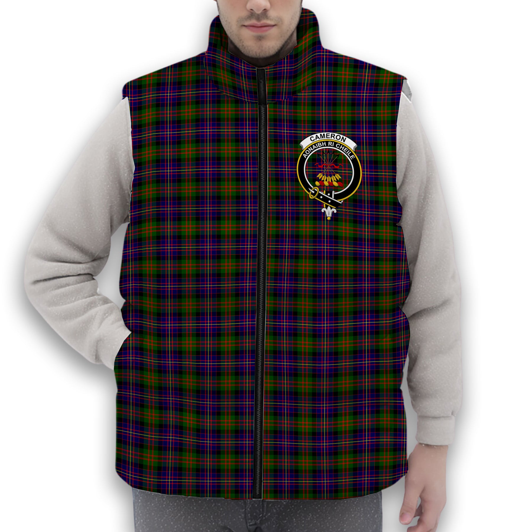 ScotsTee Shop Scottish Cameron of Erracht Modern Crest Tartan Puffer Vest Winter White Duck Down Vest Sleeveless