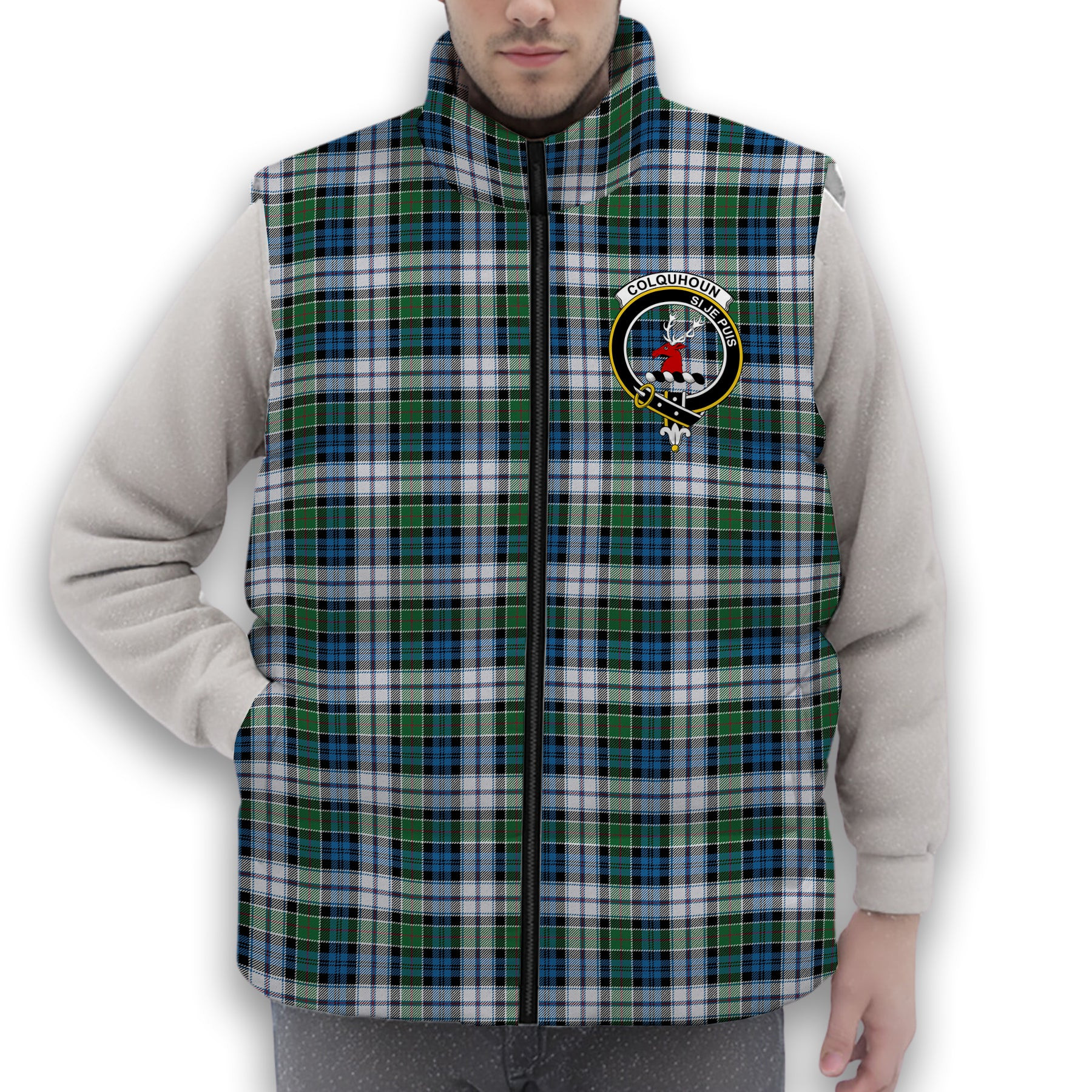 ScotsTee Shop Scottish Colquhoun Dress Ancient Crest Tartan Puffer Vest Winter White Duck Down Vest Sleeveless