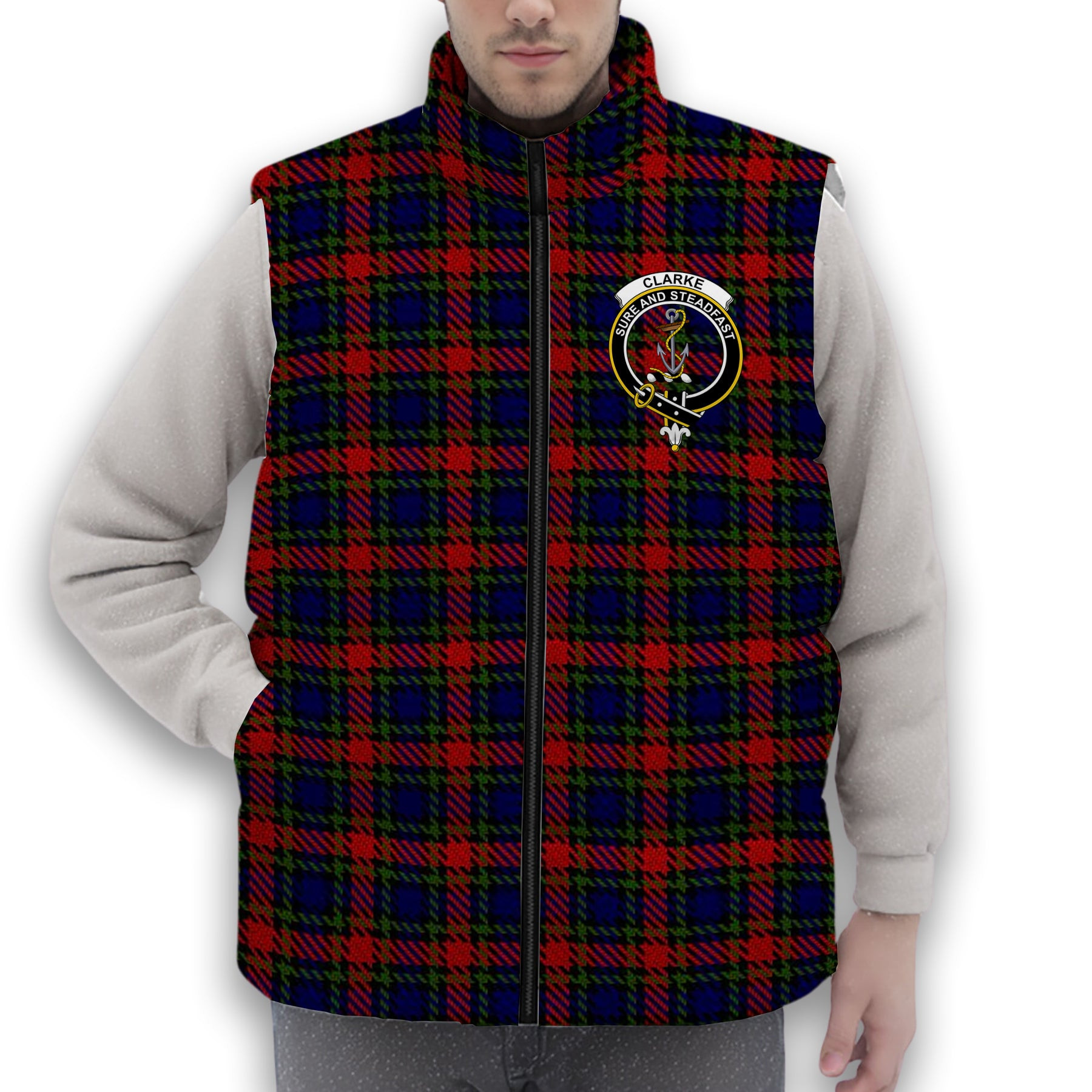 ScotsTee Shop Scottish Clarke Red Crest Tartan Puffer Vest Winter White Duck Down Vest Sleeveless