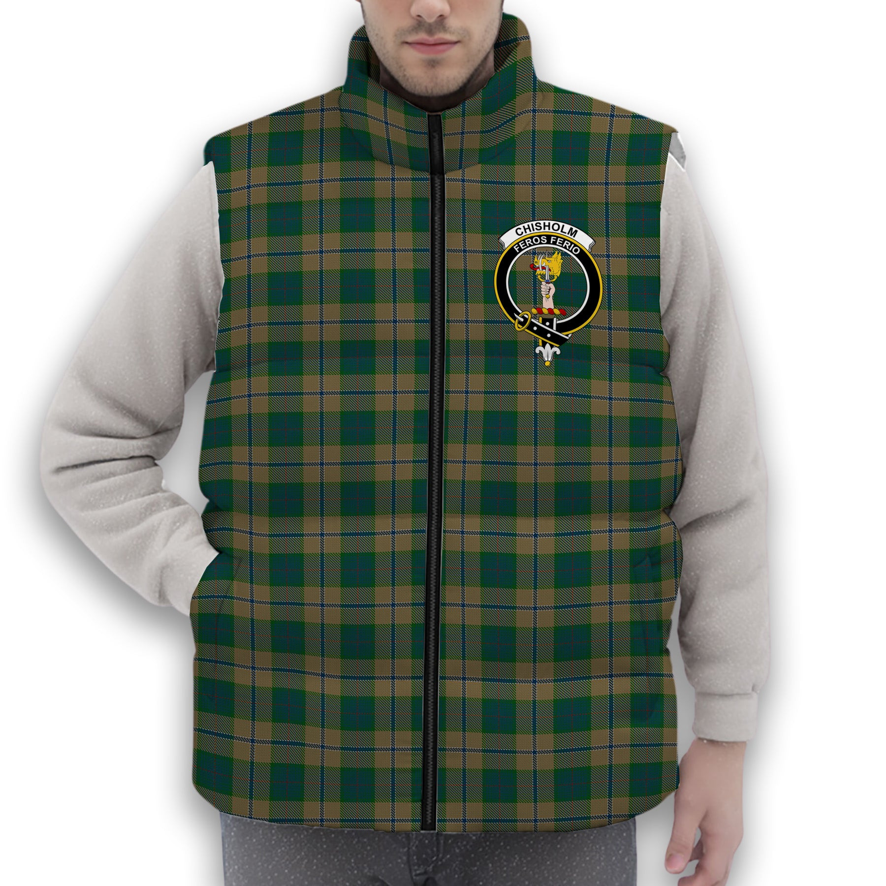 ScotsTee Shop Scottish Chisholm Colonial Crest Tartan Puffer Vest Winter White Duck Down Vest Sleeveless