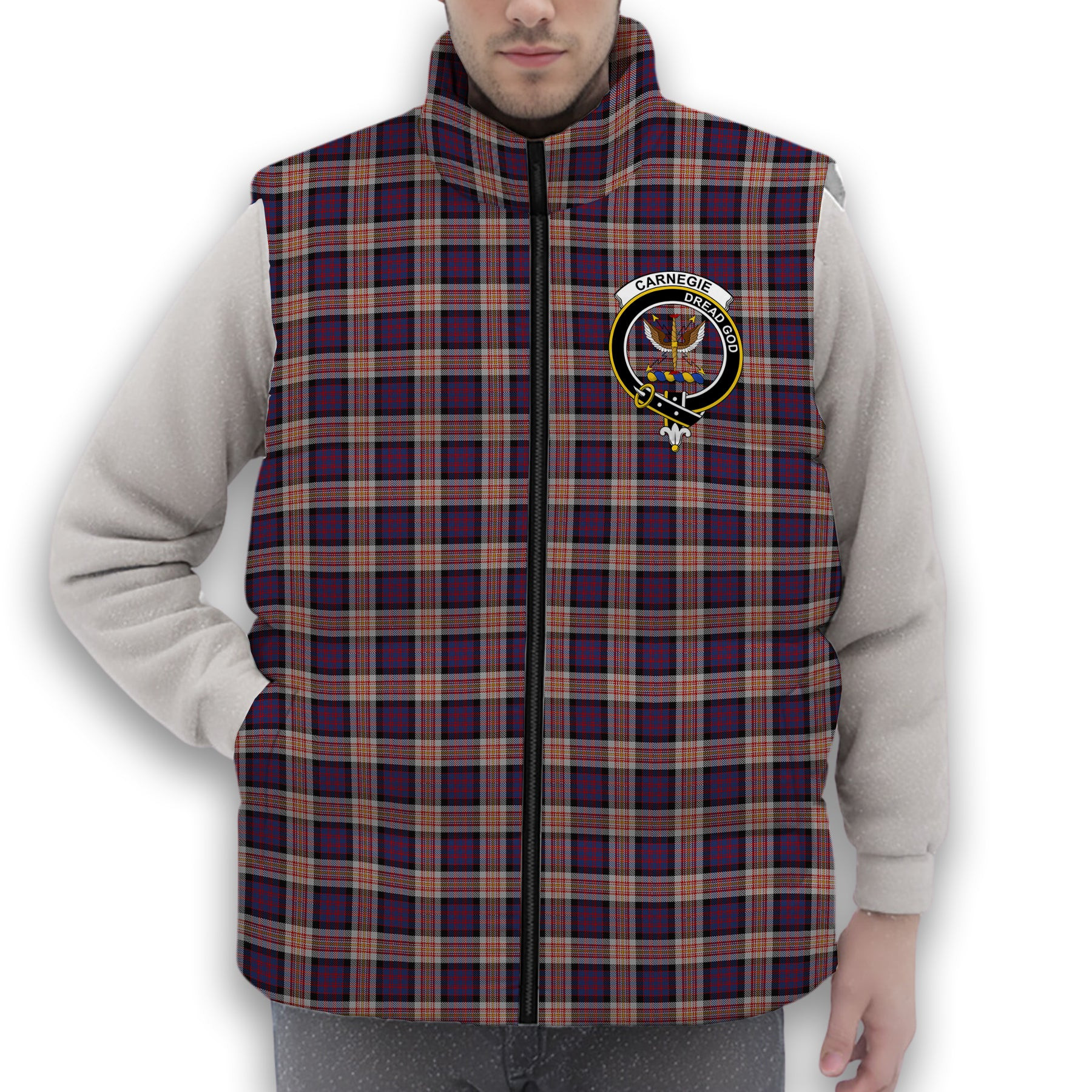 ScotsTee Shop Scottish Carnegie Crest Tartan Puffer Vest Winter White Duck Down Vest Sleeveless