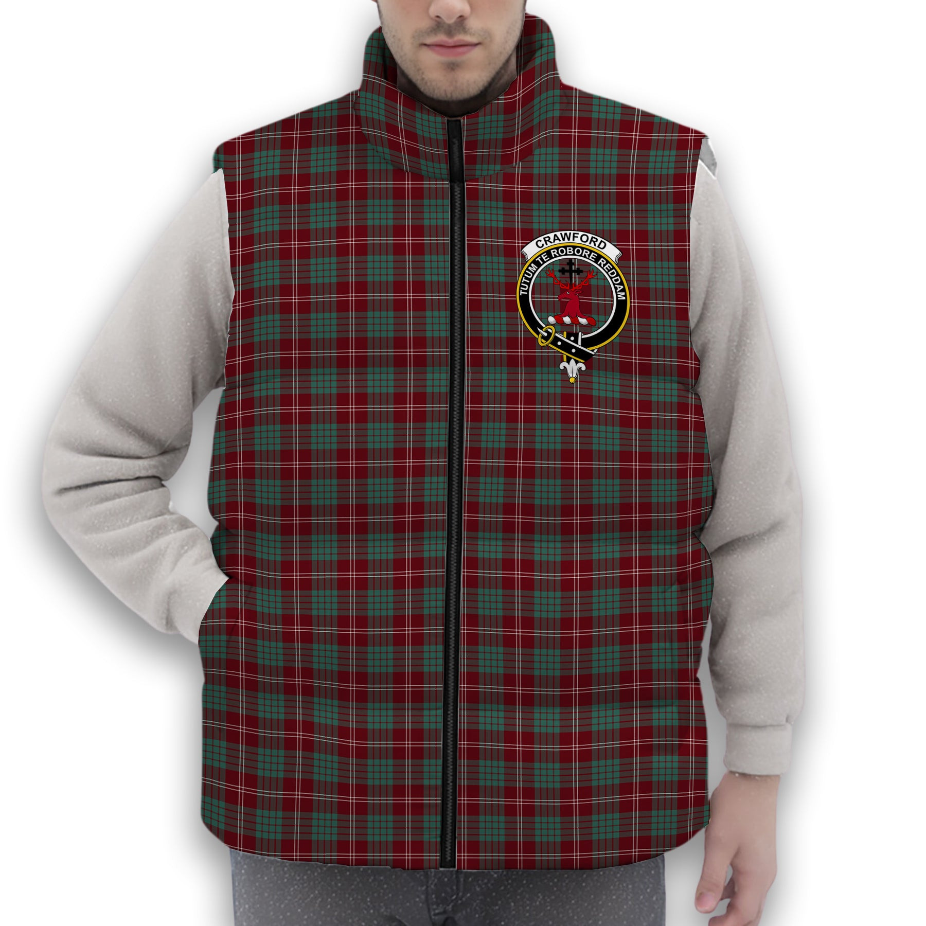 ScotsTee Shop Scottish Crawford Modern Crest Tartan Puffer Vest Winter White Duck Down Vest Sleeveless