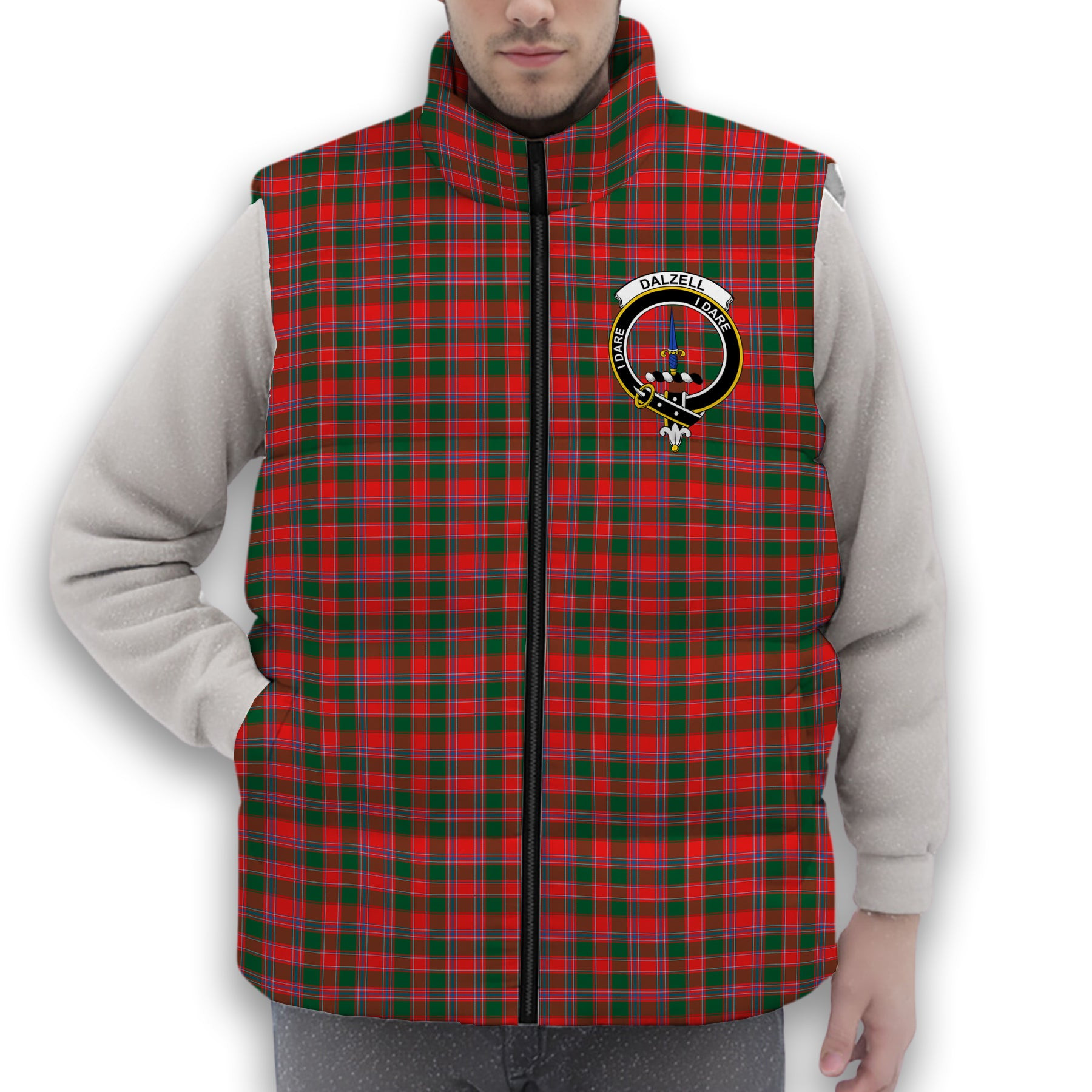 ScotsTee Shop Scottish Dalzell SC Crest Tartan Puffer Vest Winter White Duck Down Vest Sleeveless