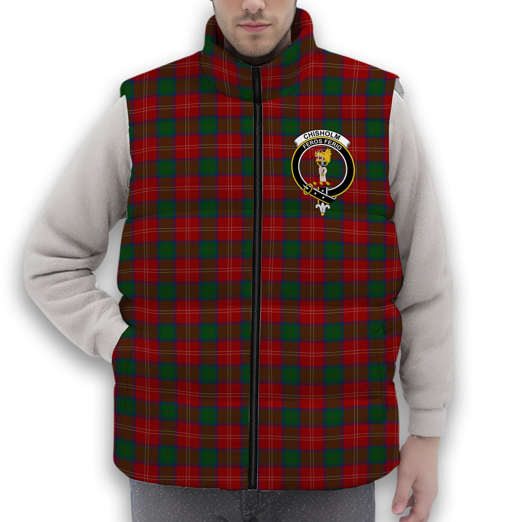 ScotsTee Shop Scottish Chisholm 1842 Crest Tartan Puffer Vest Winter White Duck Down Vest Sleeveless