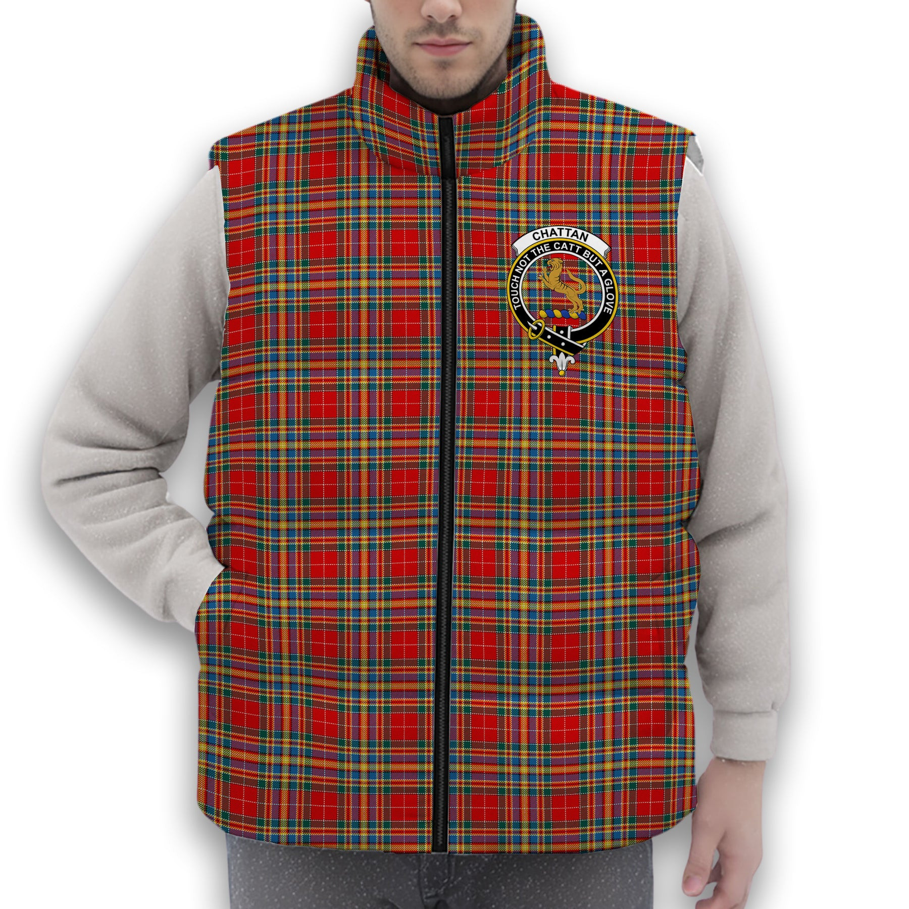 ScotsTee Shop Scottish Chattan Chief Modern Crest Tartan Puffer Vest Winter White Duck Down Vest Sleeveless