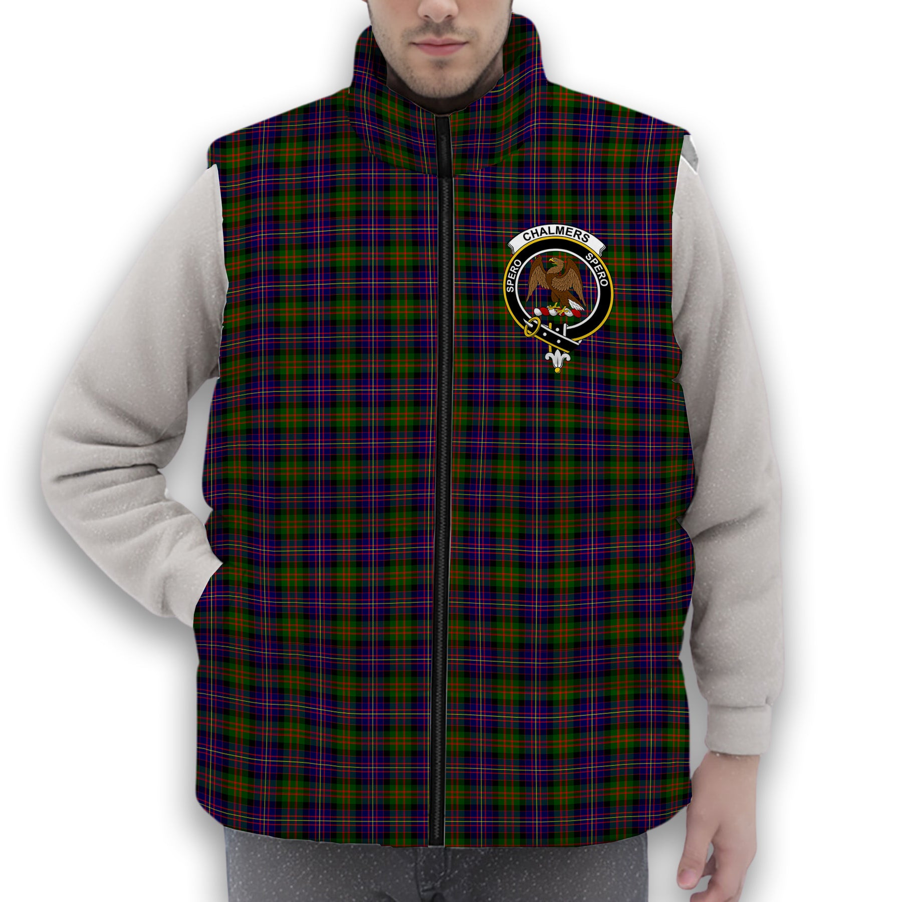 ScotsTee Shop Scottish Chalmers Crest Tartan Puffer Vest Winter White Duck Down Vest Sleeveless