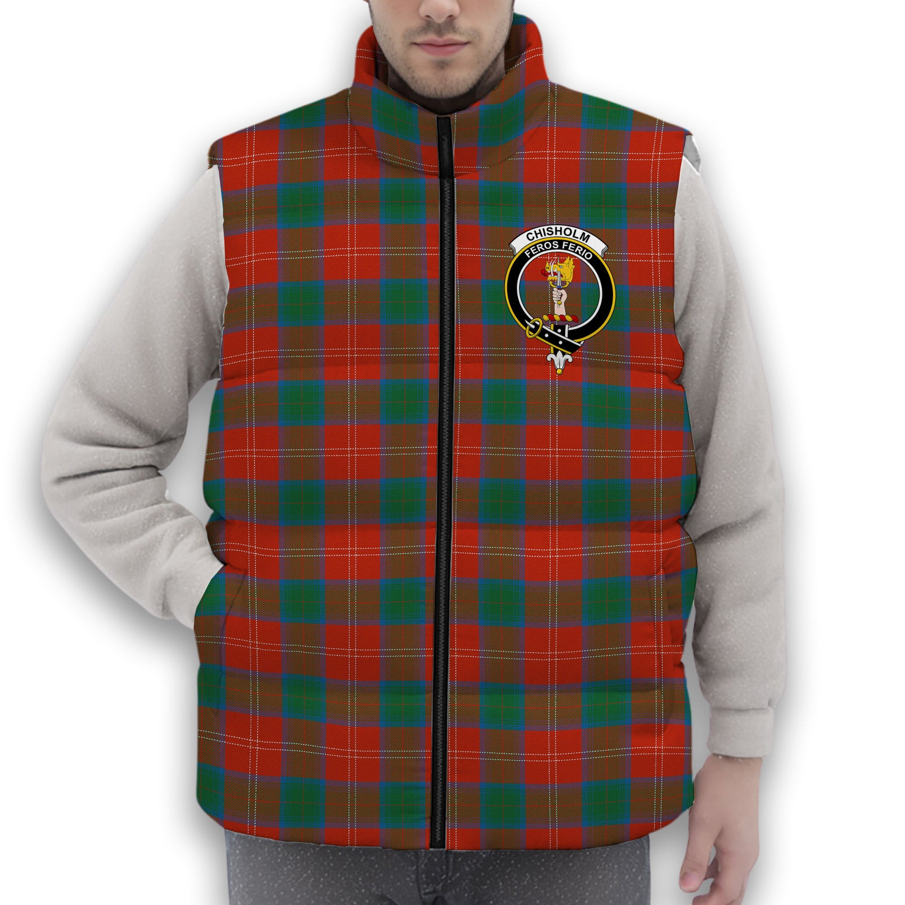 ScotsTee Shop Scottish Chisholm Ancient Crest Tartan Puffer Vest Winter White Duck Down Vest Sleeveless