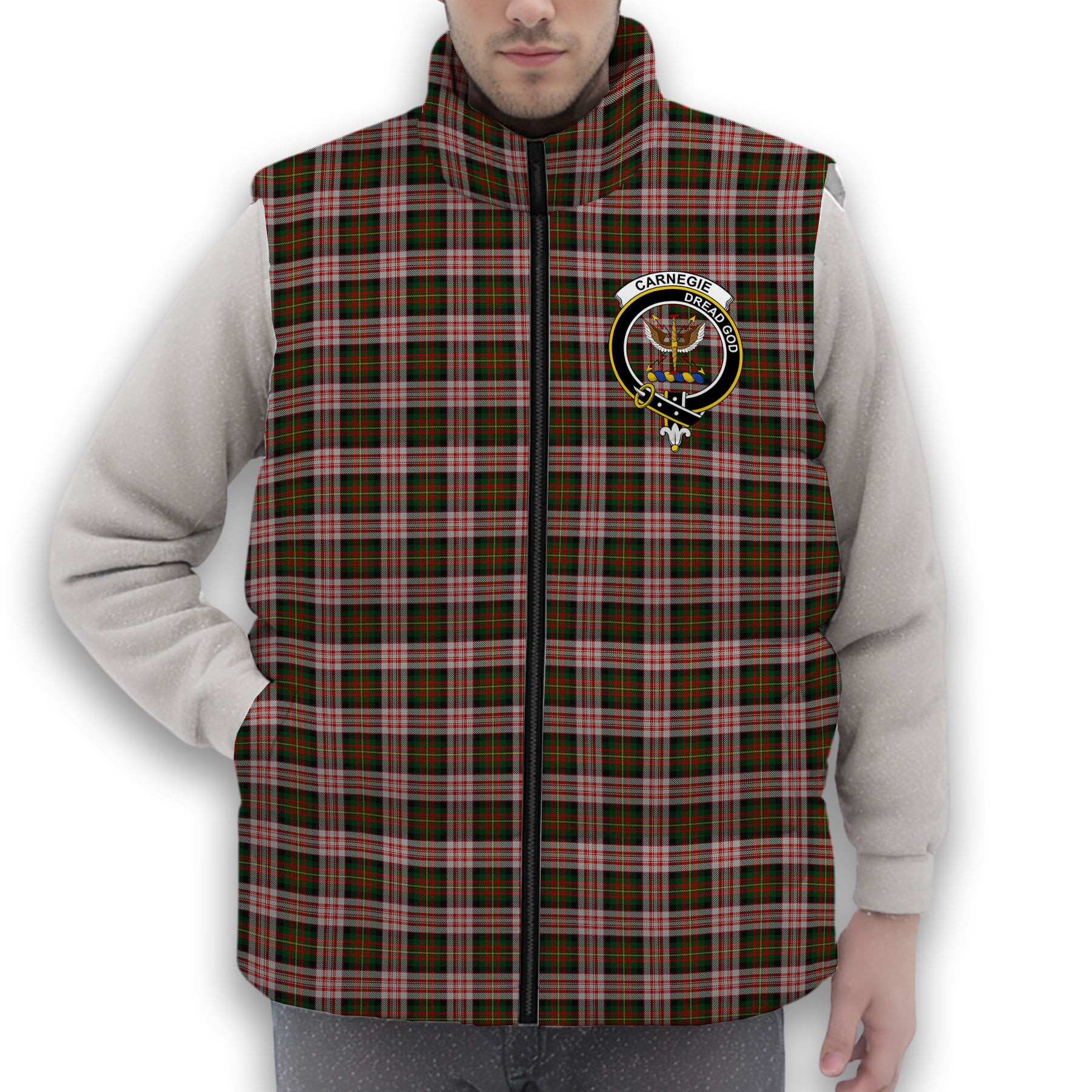 ScotsTee Shop Scottish Carnegie Dress Crest Tartan Puffer Vest Winter White Duck Down Vest Sleeveless