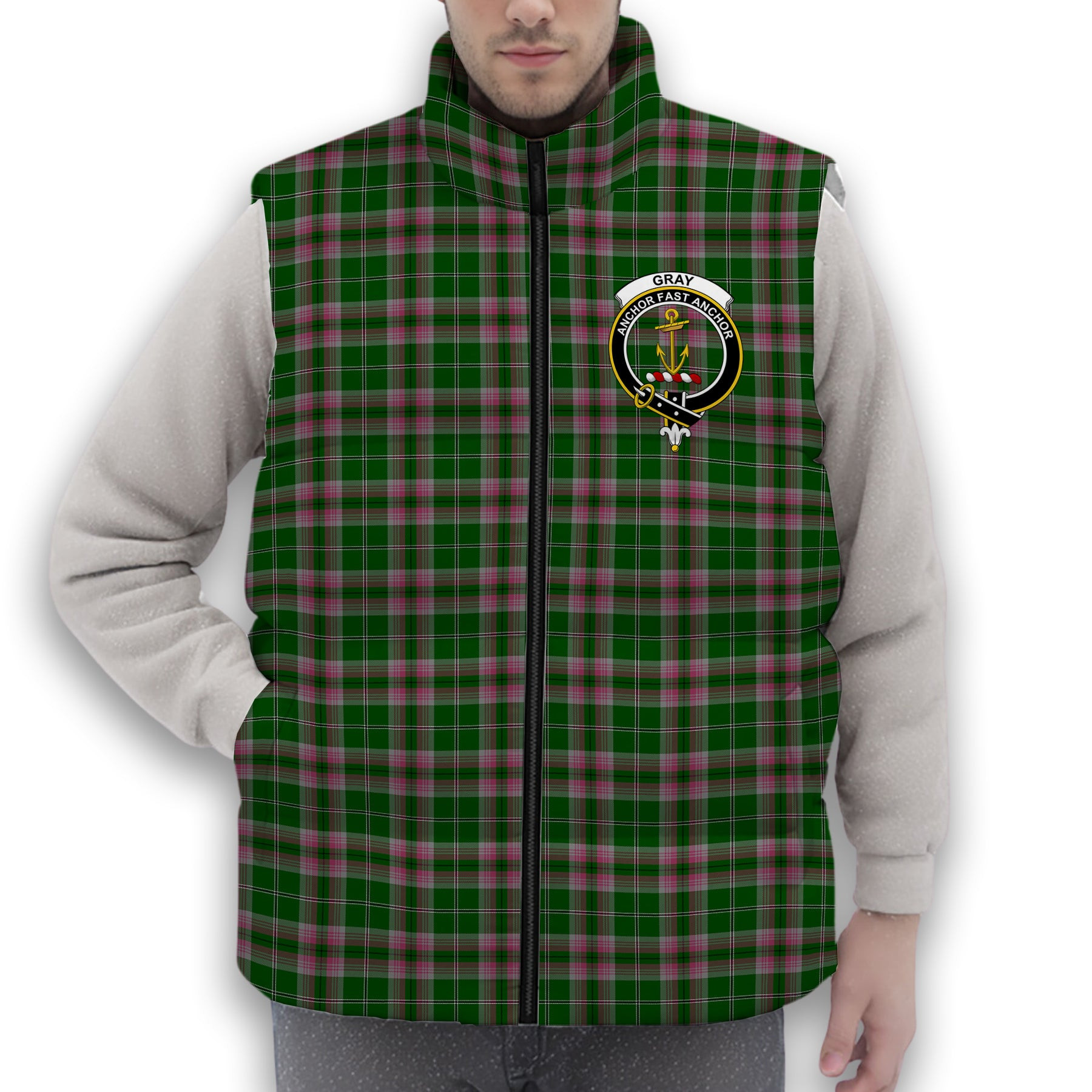 ScotsTee Shop Scottish Gray Hunting SC Crest Tartan Puffer Vest Winter White Duck Down Vest Sleeveless