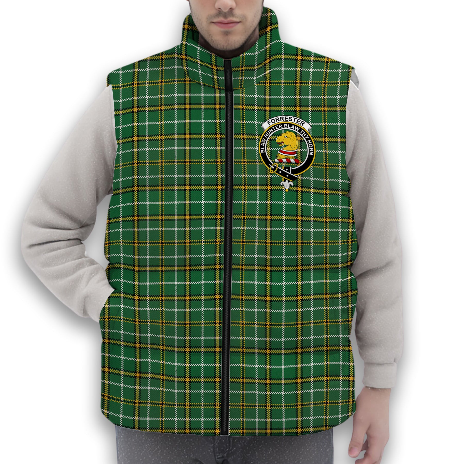 ScotsTee Shop Scottish Forrester Hunting Ancient Crest Tartan Puffer Vest Winter White Duck Down Vest Sleeveless