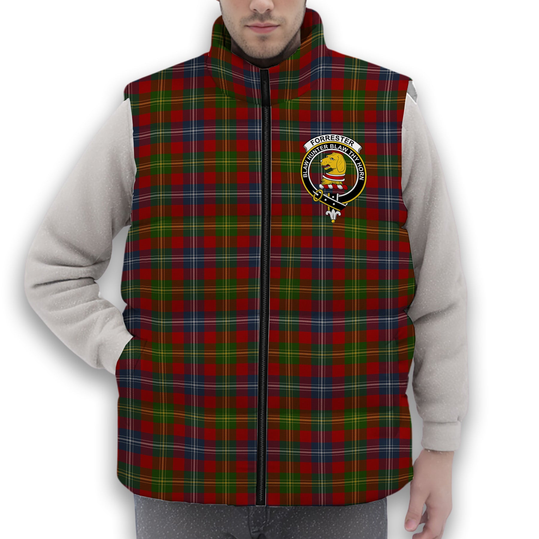 ScotsTee Shop Scottish Forrester Crest Tartan Puffer Vest Winter White Duck Down Vest Sleeveless