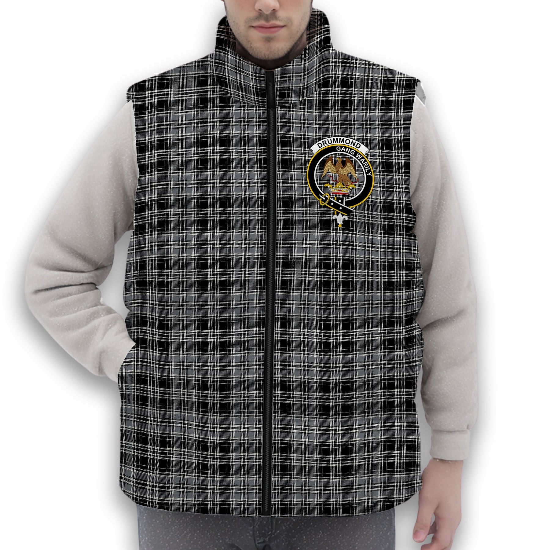 ScotsTee Shop Scottish Drummond Grey Modern Crest Tartan Puffer Vest Winter White Duck Down Vest Sleeveless
