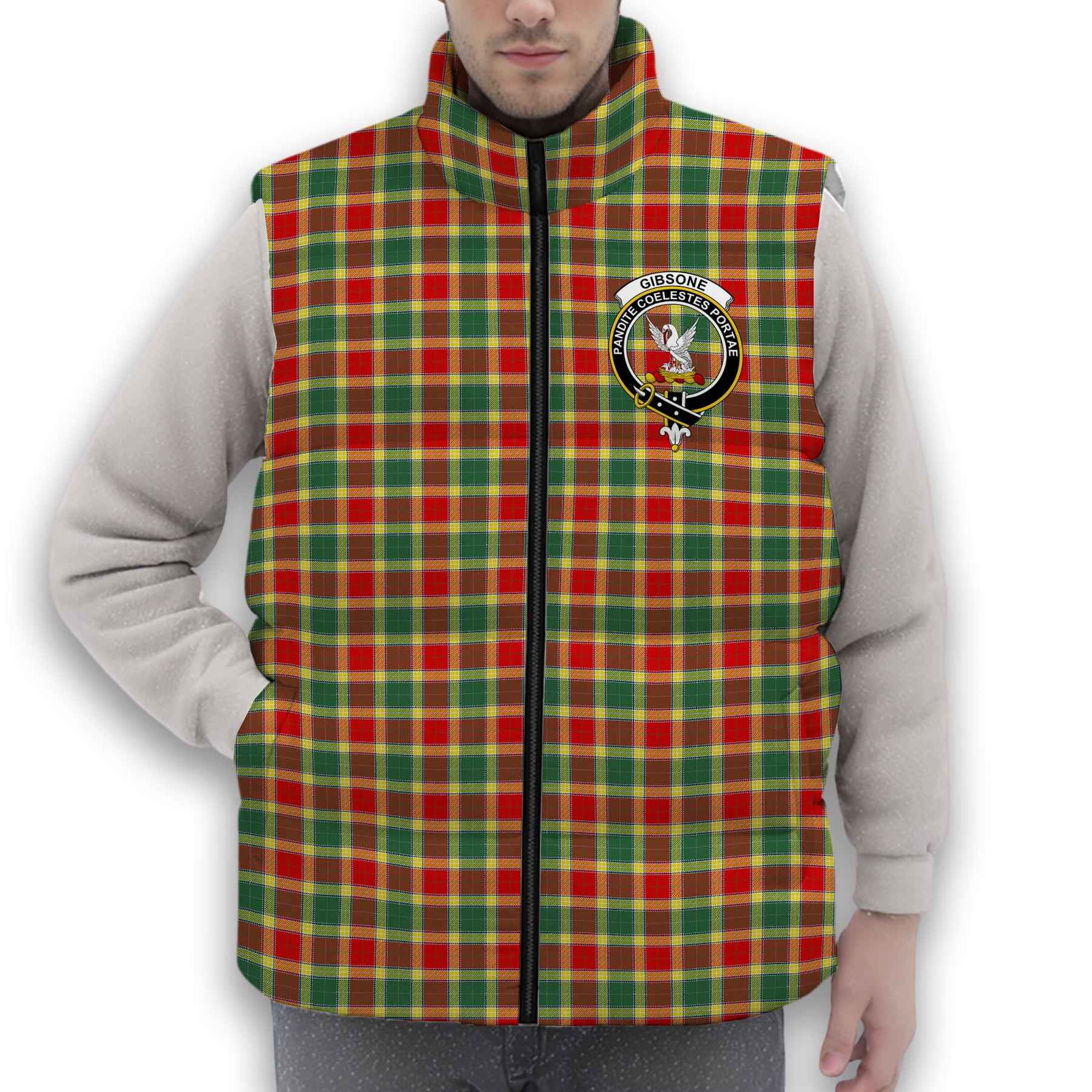 ScotsTee Shop Scottish Gibsone Modern Crest Tartan Puffer Vest Winter White Duck Down Vest Sleeveless