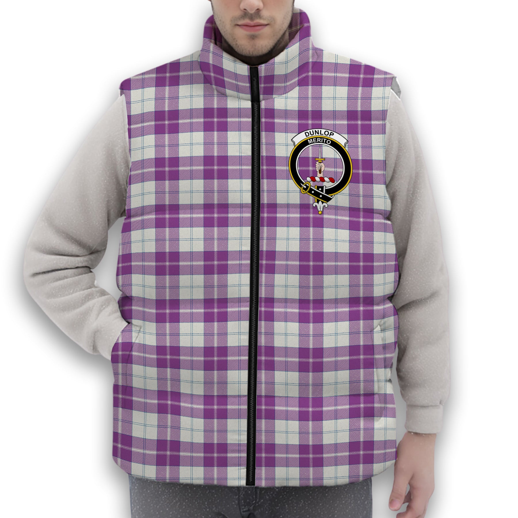 ScotsTee Shop Scottish Dunlop Dress Ancient Crest Tartan Puffer Vest Winter White Duck Down Vest Sleeveless