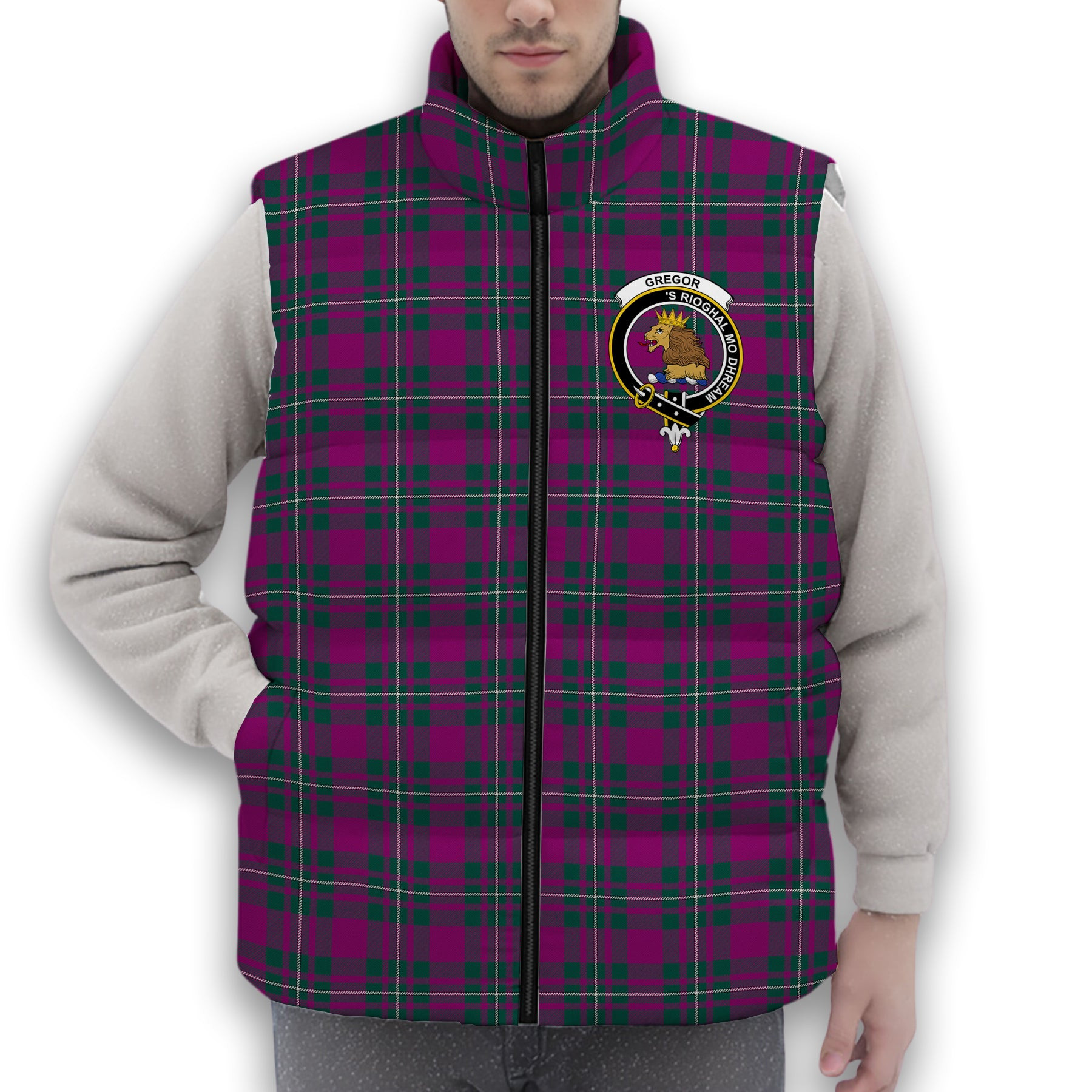 ScotsTee Shop Scottish Gregor Hunting Modern Crest Tartan Puffer Vest Winter White Duck Down Vest Sleeveless