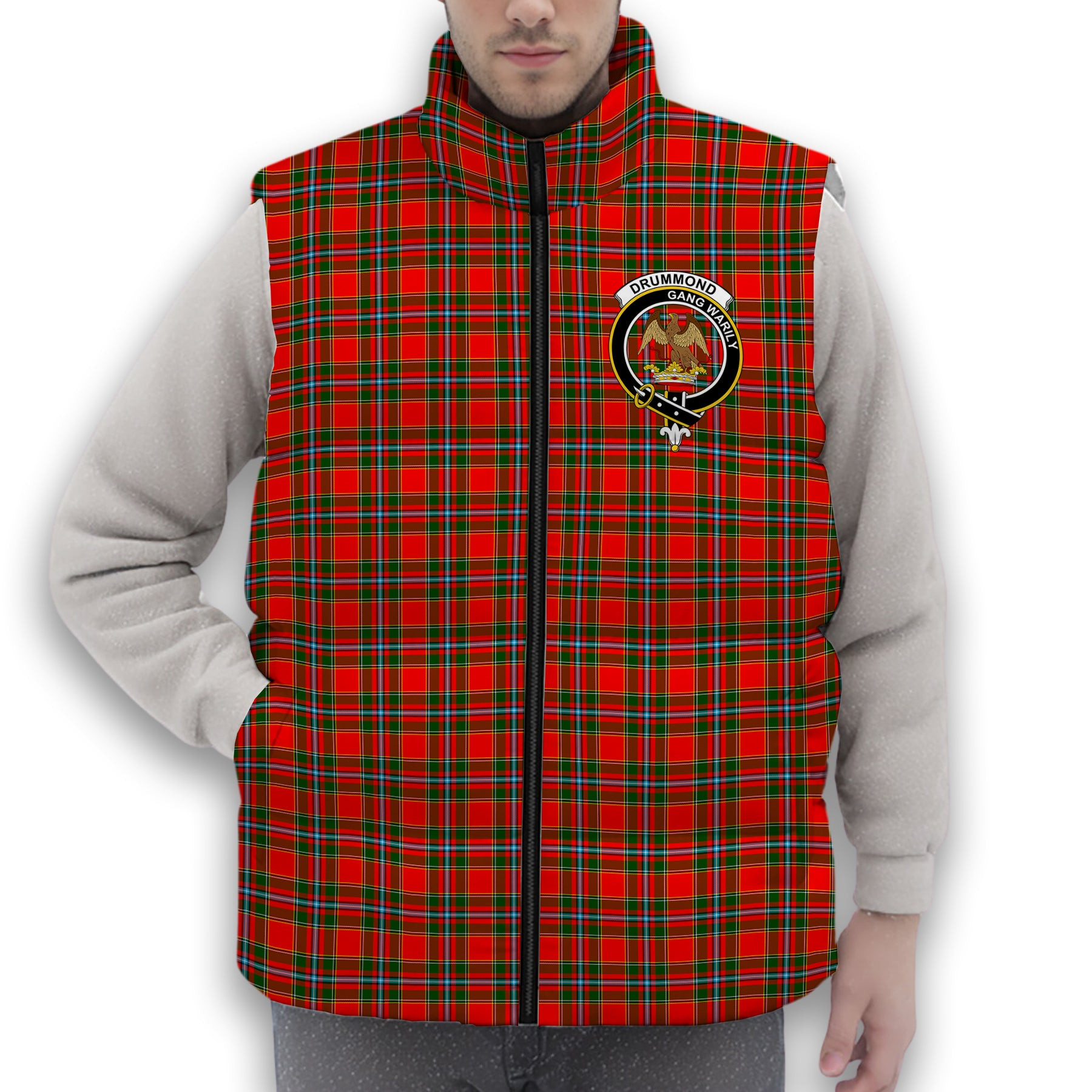 ScotsTee Shop Scottish Drummond of Perth Crest Tartan Puffer Vest Winter White Duck Down Vest Sleeveless