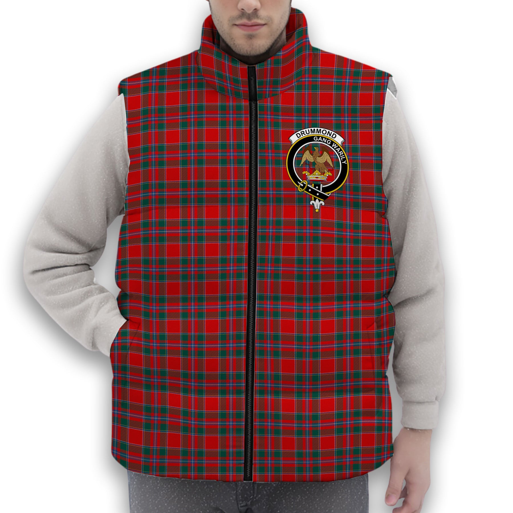ScotsTee Shop Scottish Drummond of Perth Modern Crest Tartan Puffer Vest Winter White Duck Down Vest Sleeveless