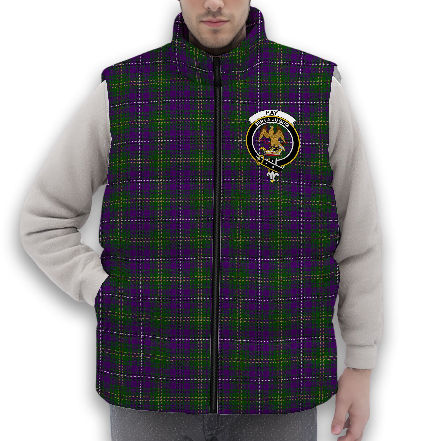 ScotsTee Shop Scottish Hay of Megginch Crest Tartan Puffer Vest Winter White Duck Down Vest Sleeveless
