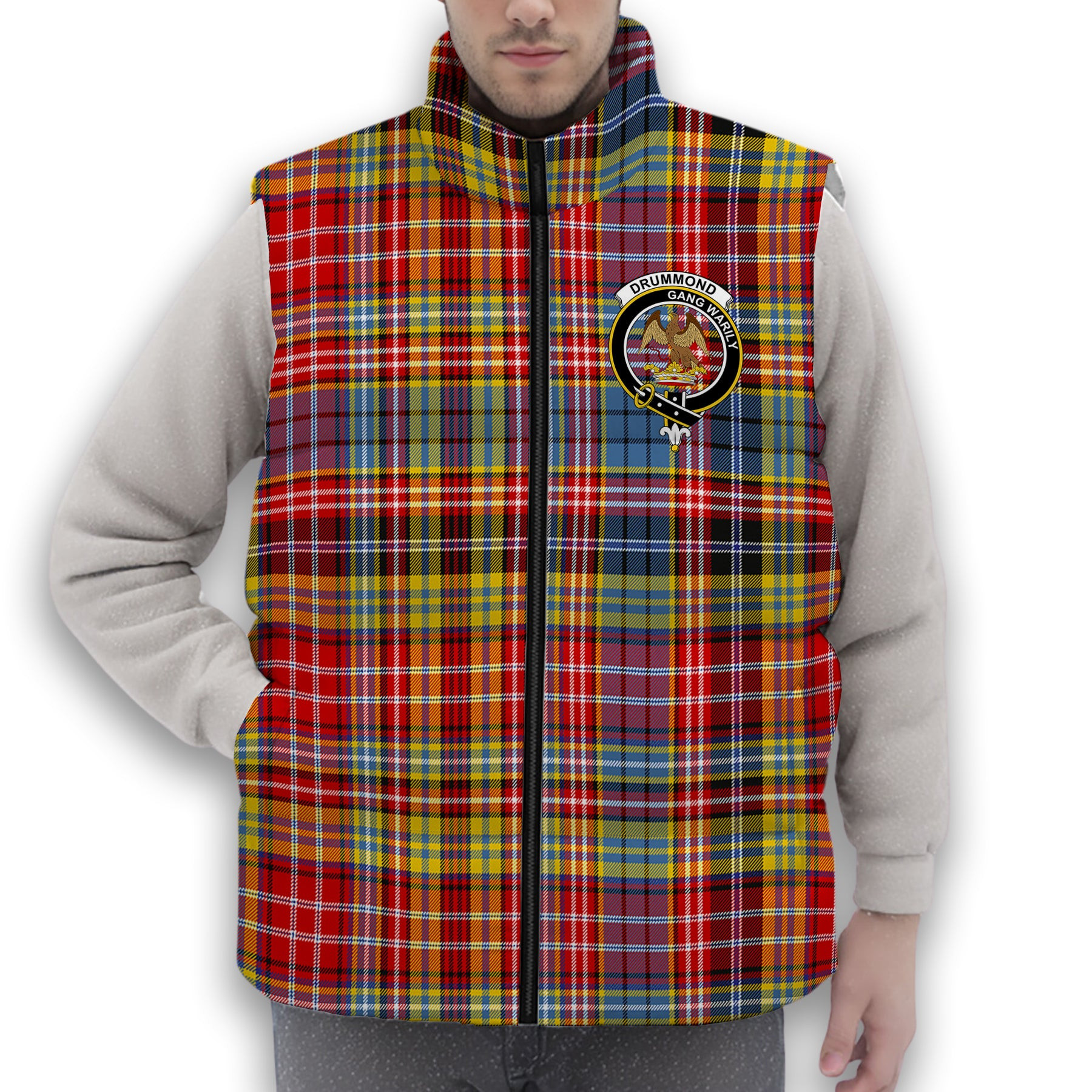 ScotsTee Shop Scottish Drummond of Strathallan Modern Crest Tartan Puffer Vest Winter White Duck Down Vest Sleeveless