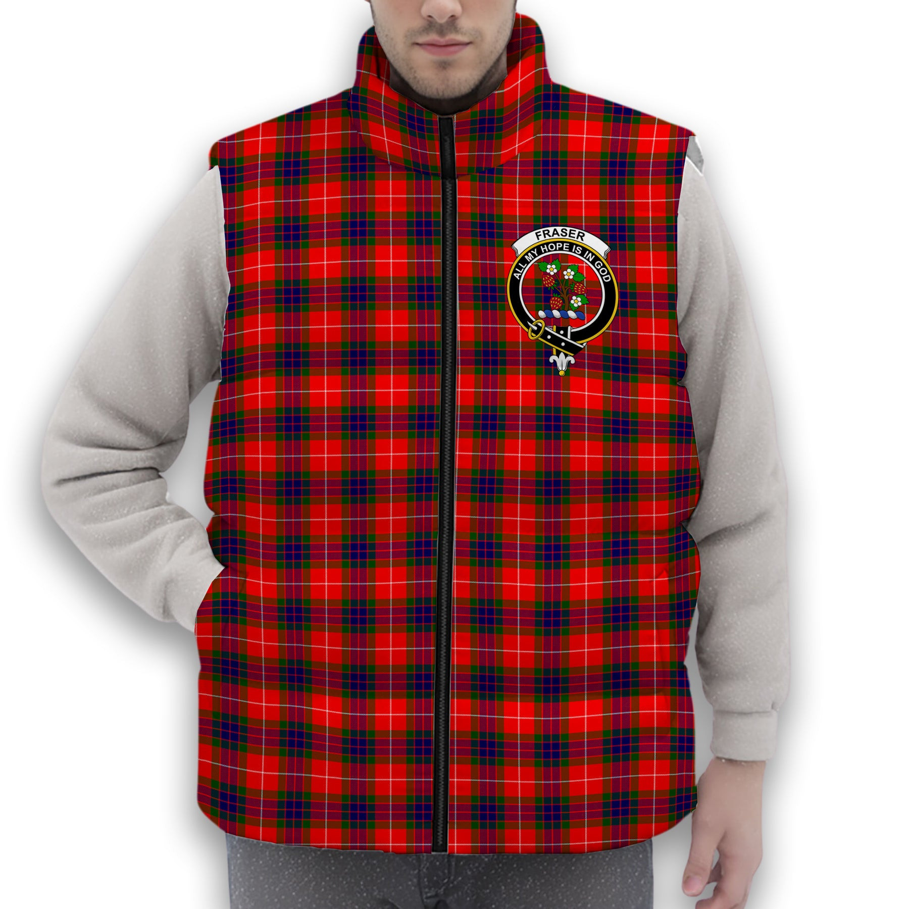 ScotsTee Shop Scottish Fraser Modern SC Crest Tartan Puffer Vest Winter White Duck Down Vest Sleeveless
