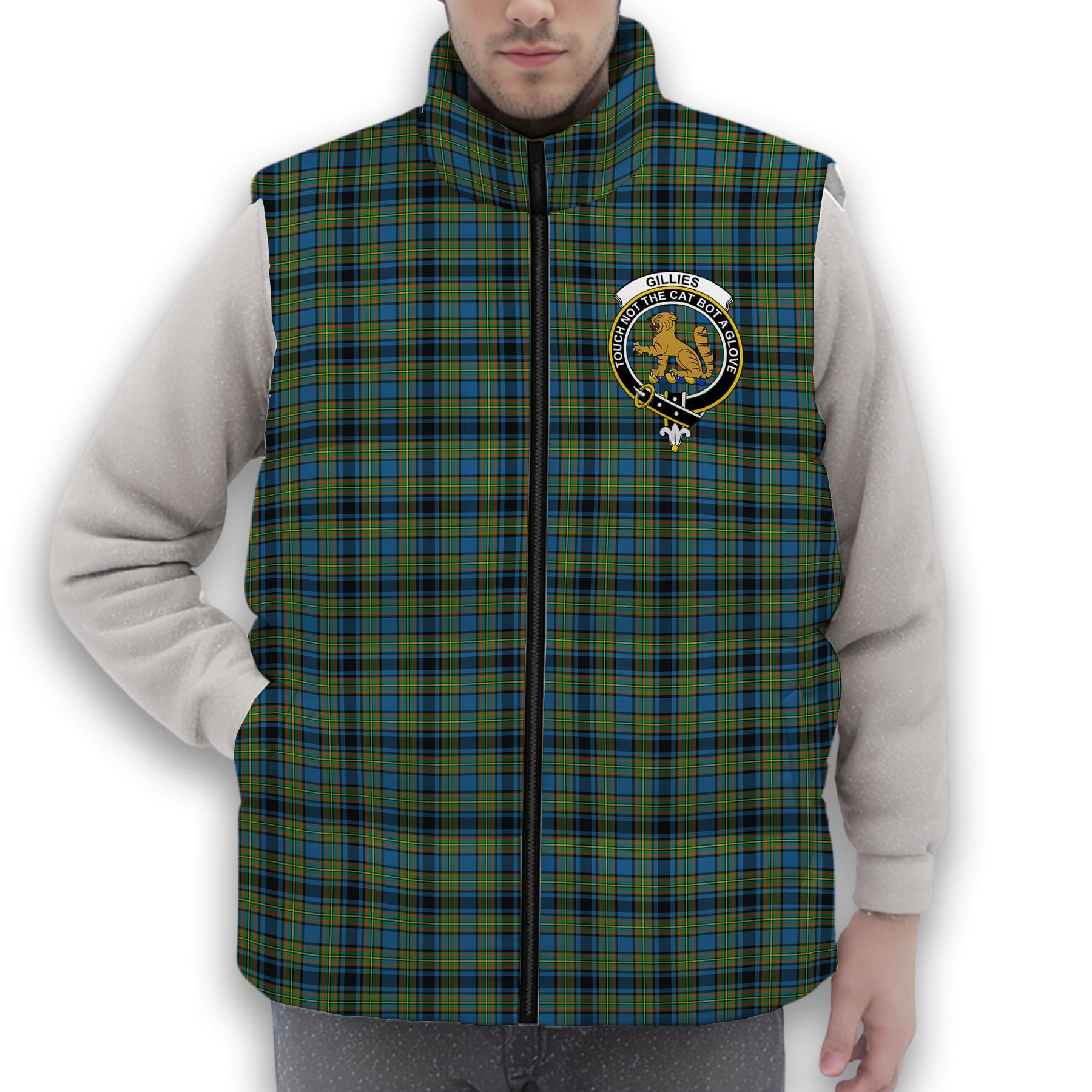 ScotsTee Shop Scottish Gillies Ancient Crest Tartan Puffer Vest Winter White Duck Down Vest Sleeveless