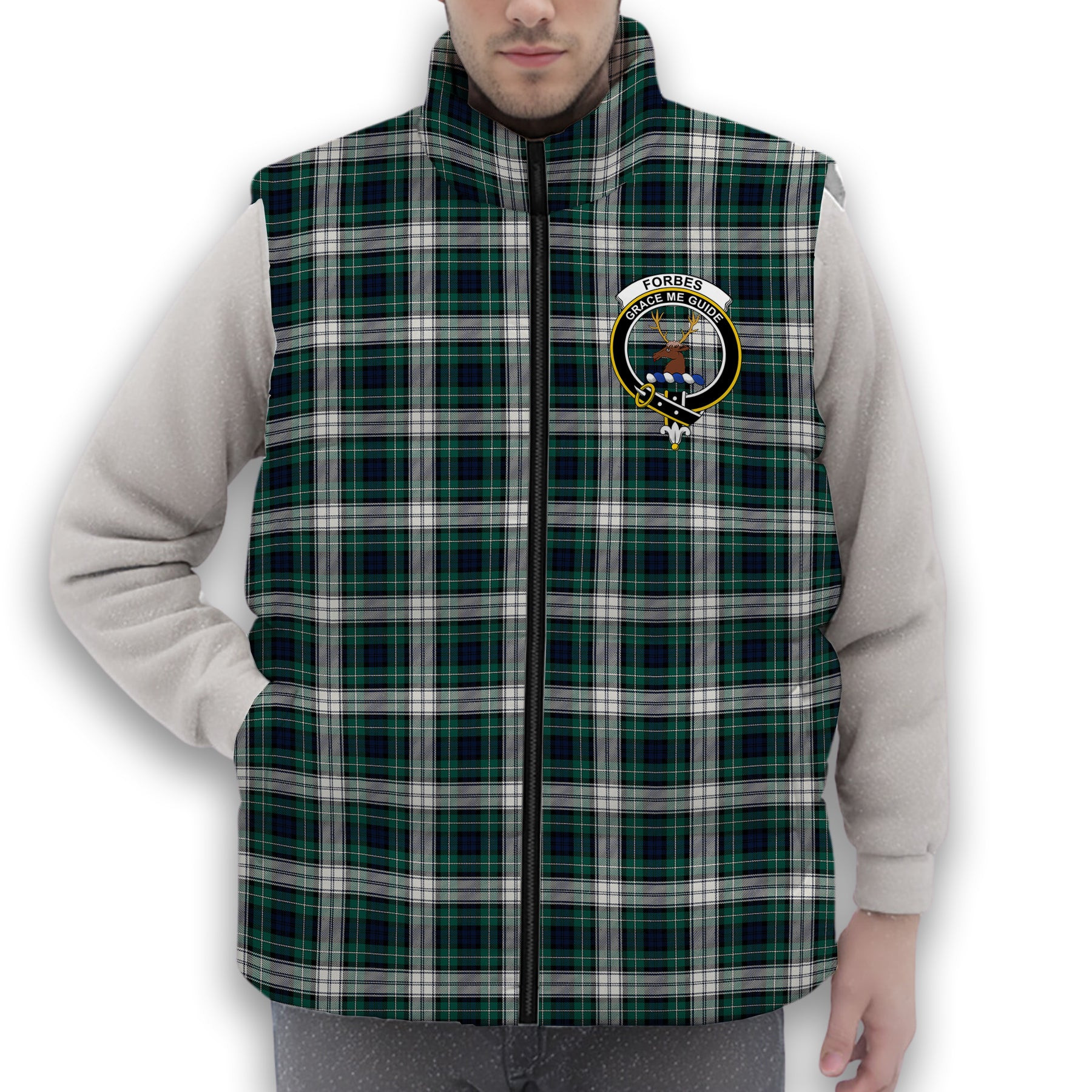 ScotsTee Shop Scottish Forbes Dress Modern Crest Tartan Puffer Vest Winter White Duck Down Vest Sleeveless