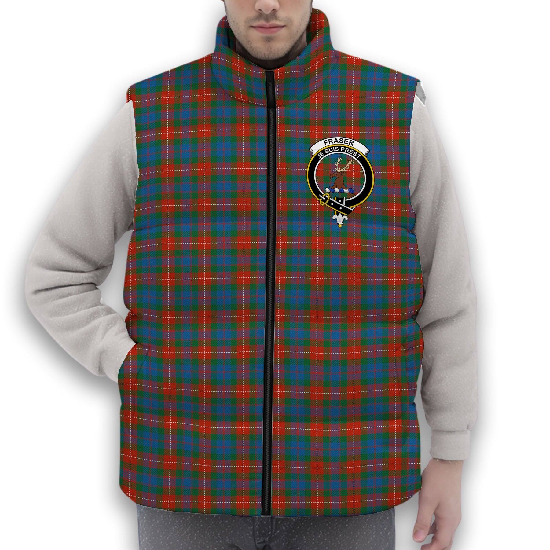 ScotsTee Shop Scottish Fraser of Lovat Ancient Crest Tartan Puffer Vest Winter White Duck Down Vest Sleeveless