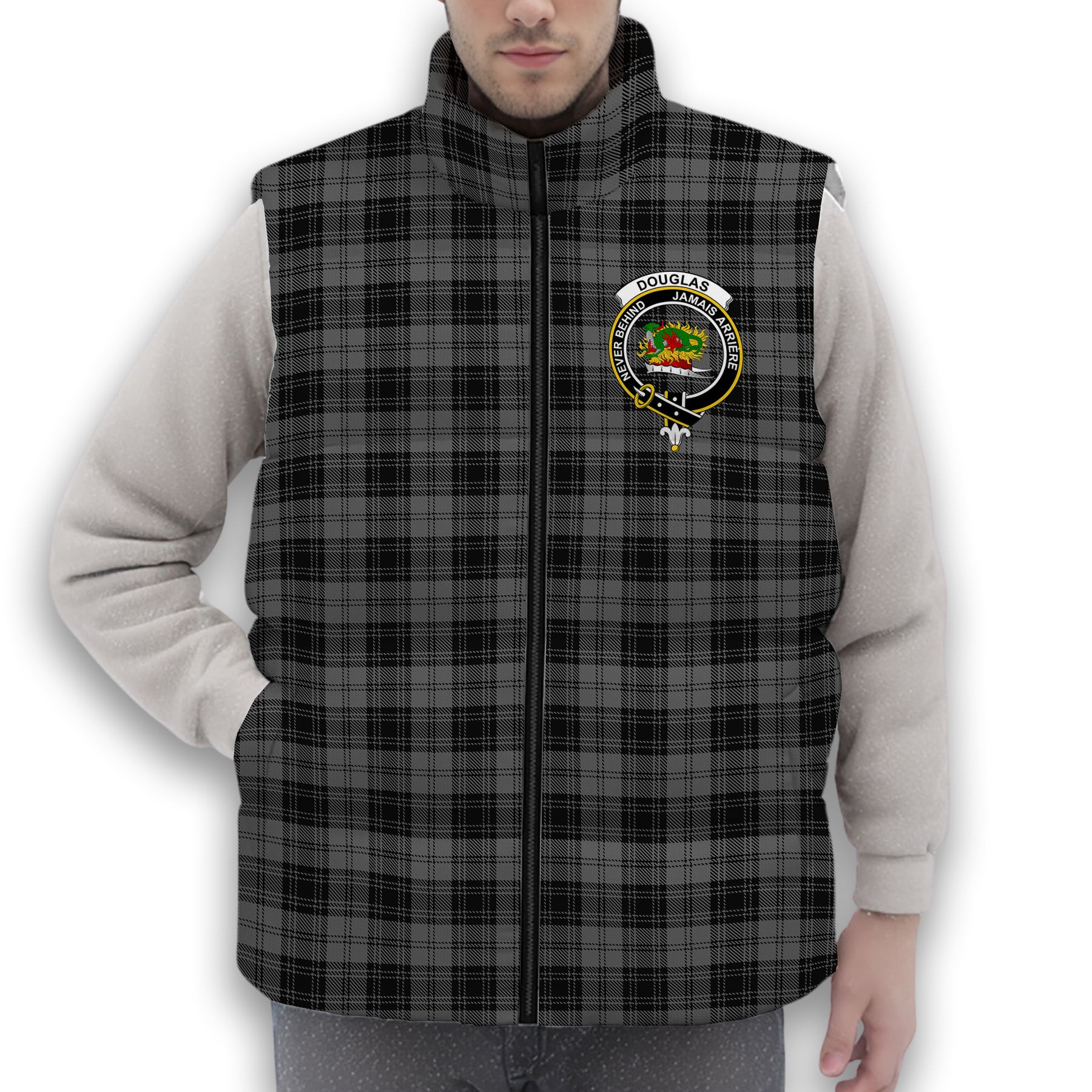 ScotsTee Shop Scottish Douglas Grey Crest Tartan Puffer Vest Winter White Duck Down Vest Sleeveless