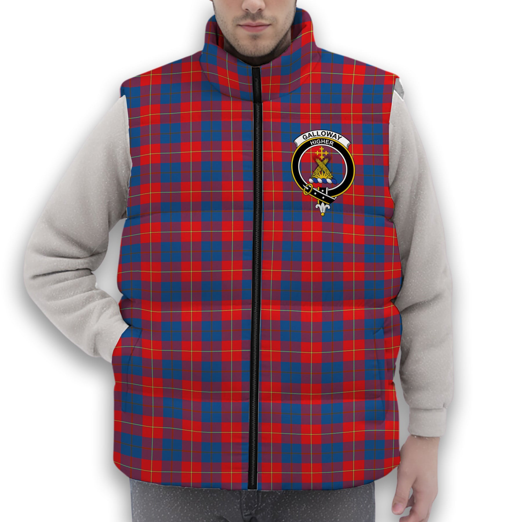 ScotsTee Shop Scottish Galloway Red Crest Tartan Puffer Vest Winter White Duck Down Vest Sleeveless