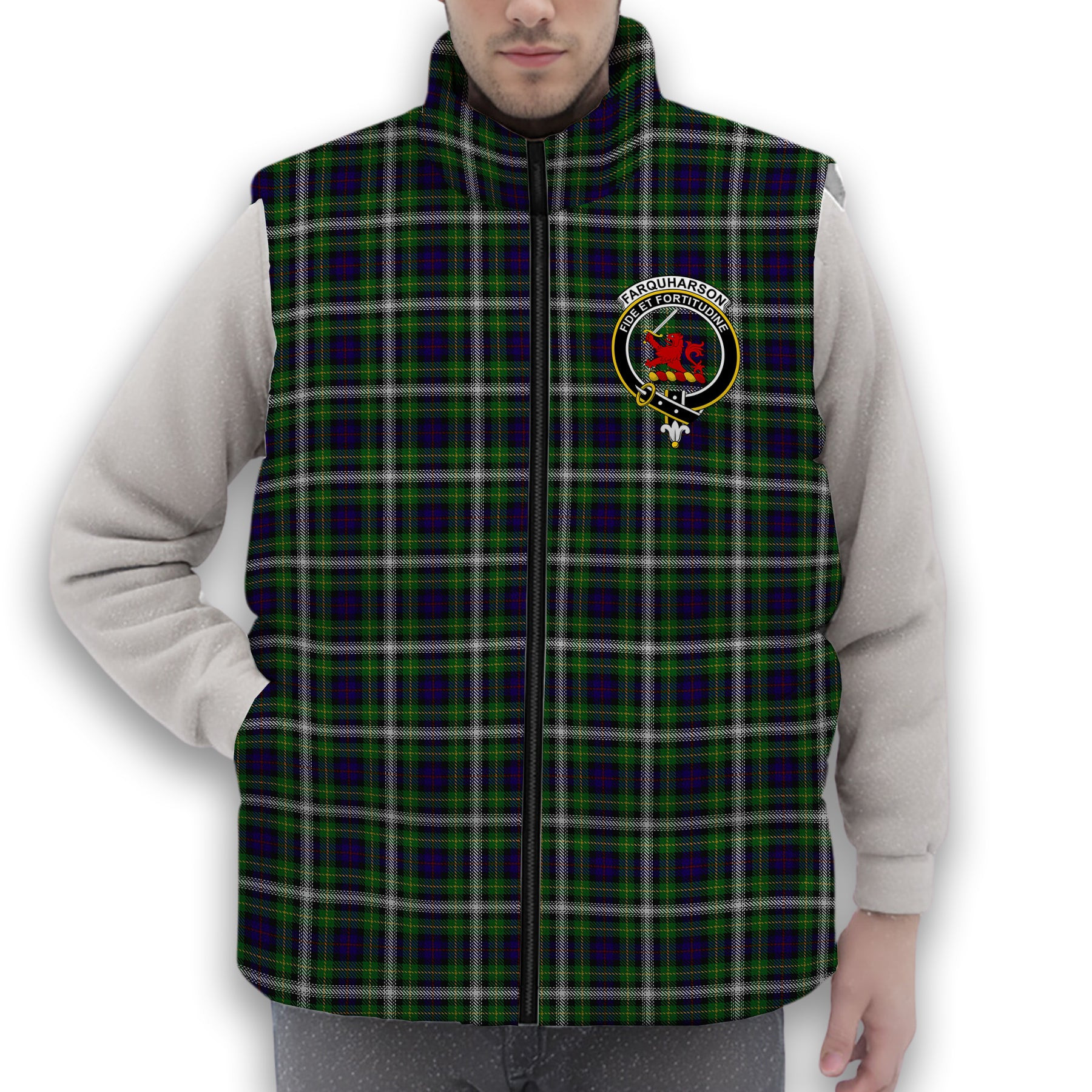 ScotsTee Shop Scottish Farquharson Dress Crest Tartan Puffer Vest Winter White Duck Down Vest Sleeveless
