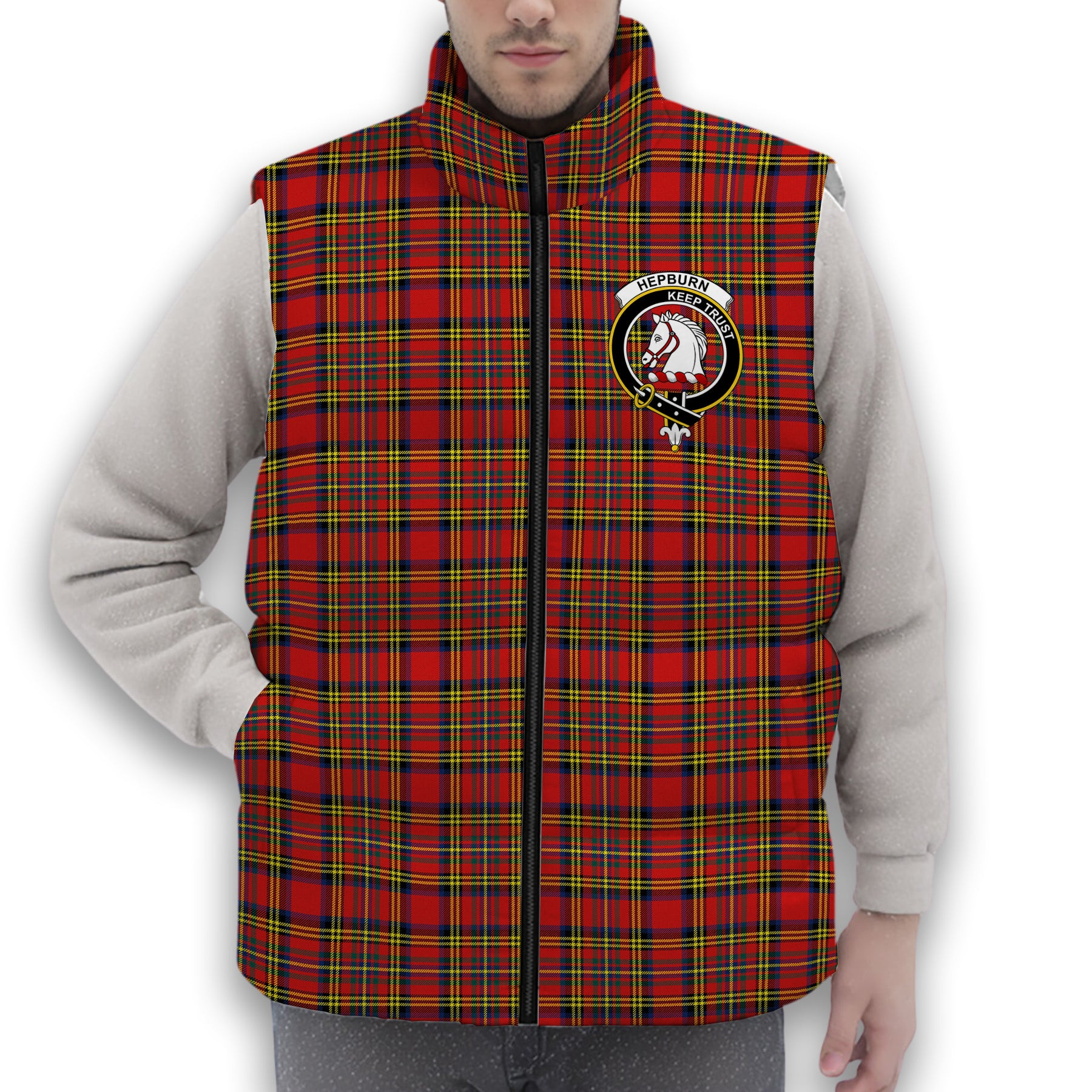 ScotsTee Shop Scottish Hepburn Modern Crest Tartan Puffer Vest Winter White Duck Down Vest Sleeveless