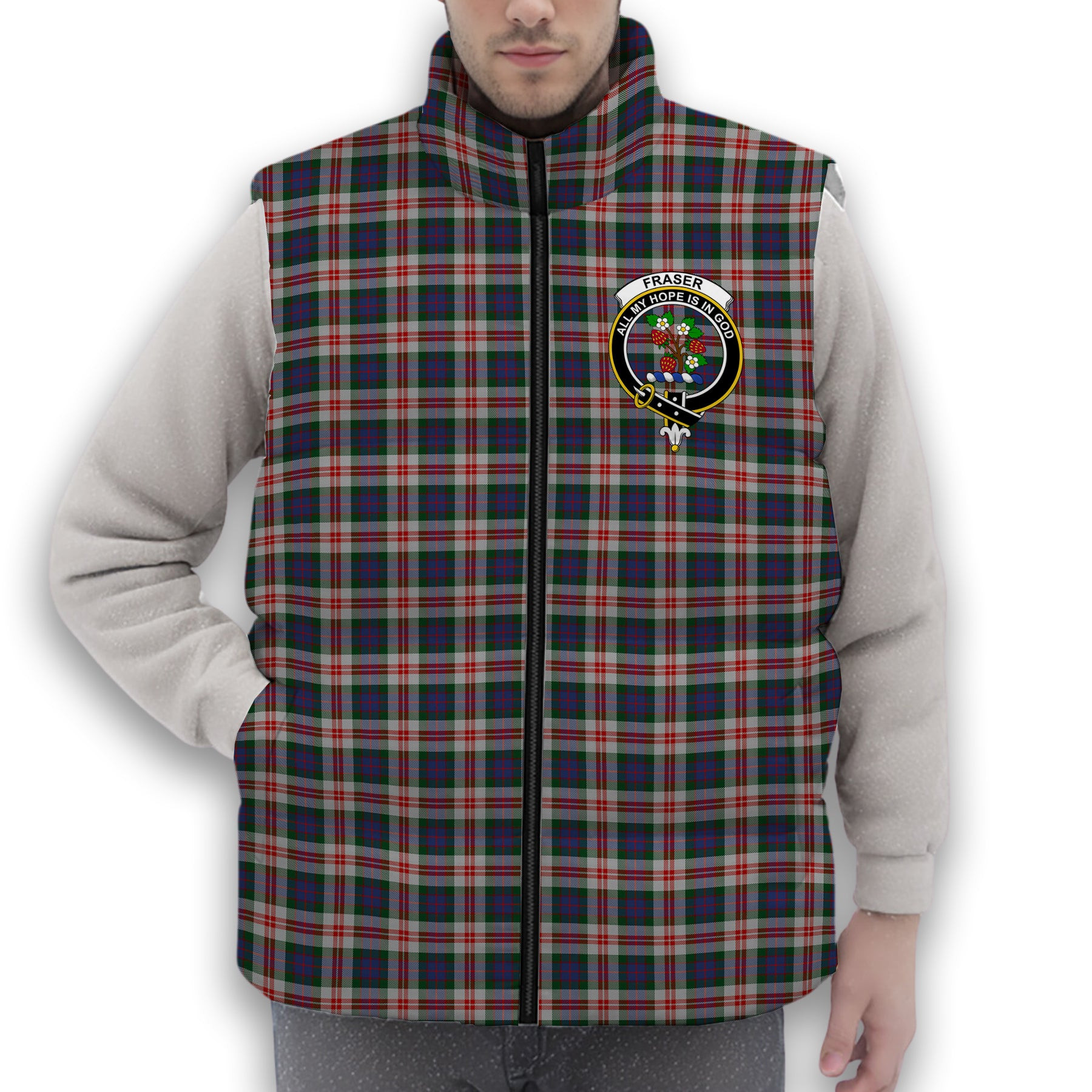 ScotsTee Shop Scottish Fraser Red Dress Crest Tartan Puffer Vest Winter White Duck Down Vest Sleeveless