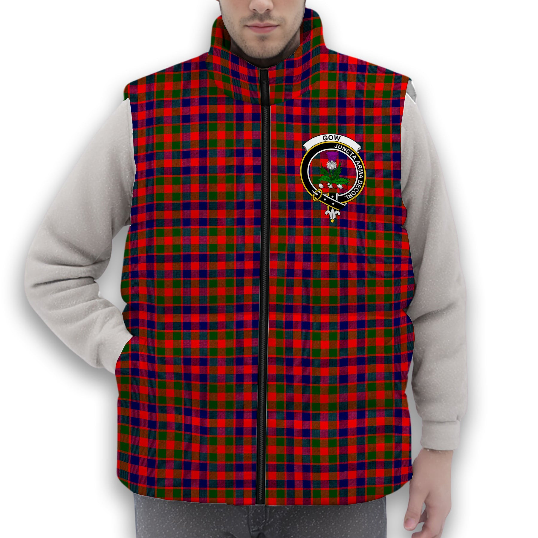 ScotsTee Shop Scottish Gow of Skeoch Crest Tartan Puffer Vest Winter White Duck Down Vest Sleeveless