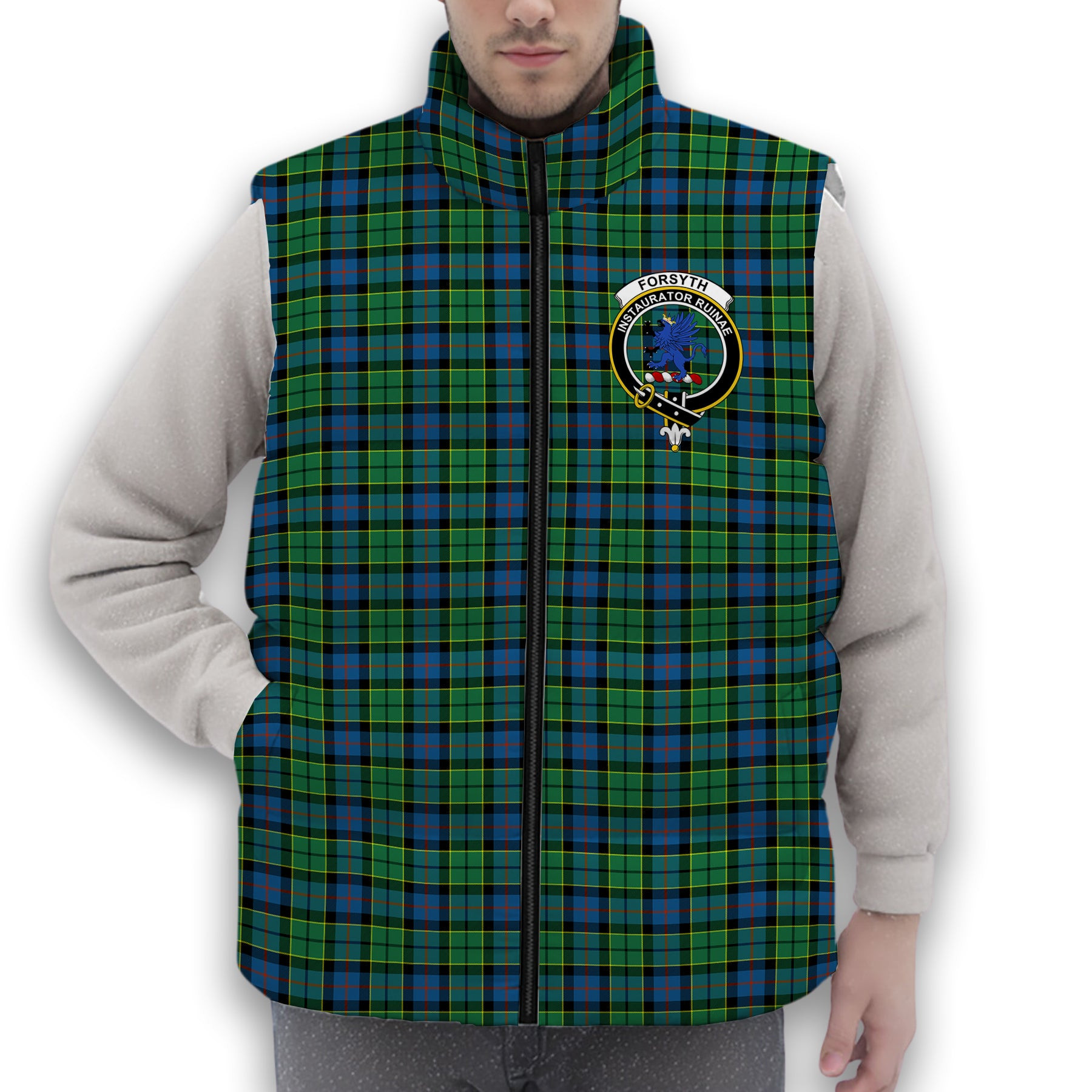 ScotsTee Shop Scottish Forsyth Ancient Crest Tartan Puffer Vest Winter White Duck Down Vest Sleeveless