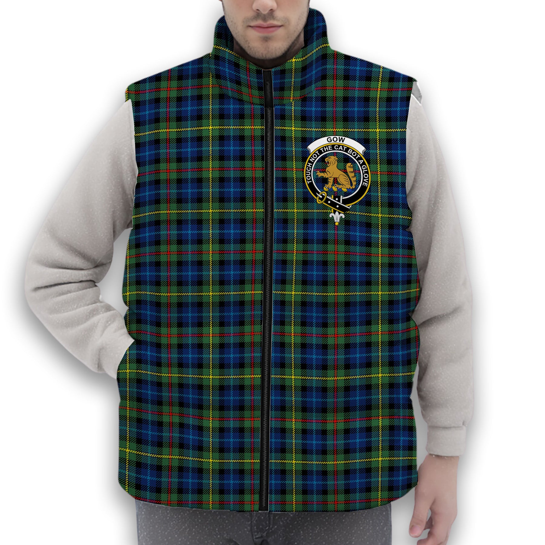 ScotsTee Shop Scottish Gow Hunting Modern Crest Tartan Puffer Vest Winter White Duck Down Vest Sleeveless