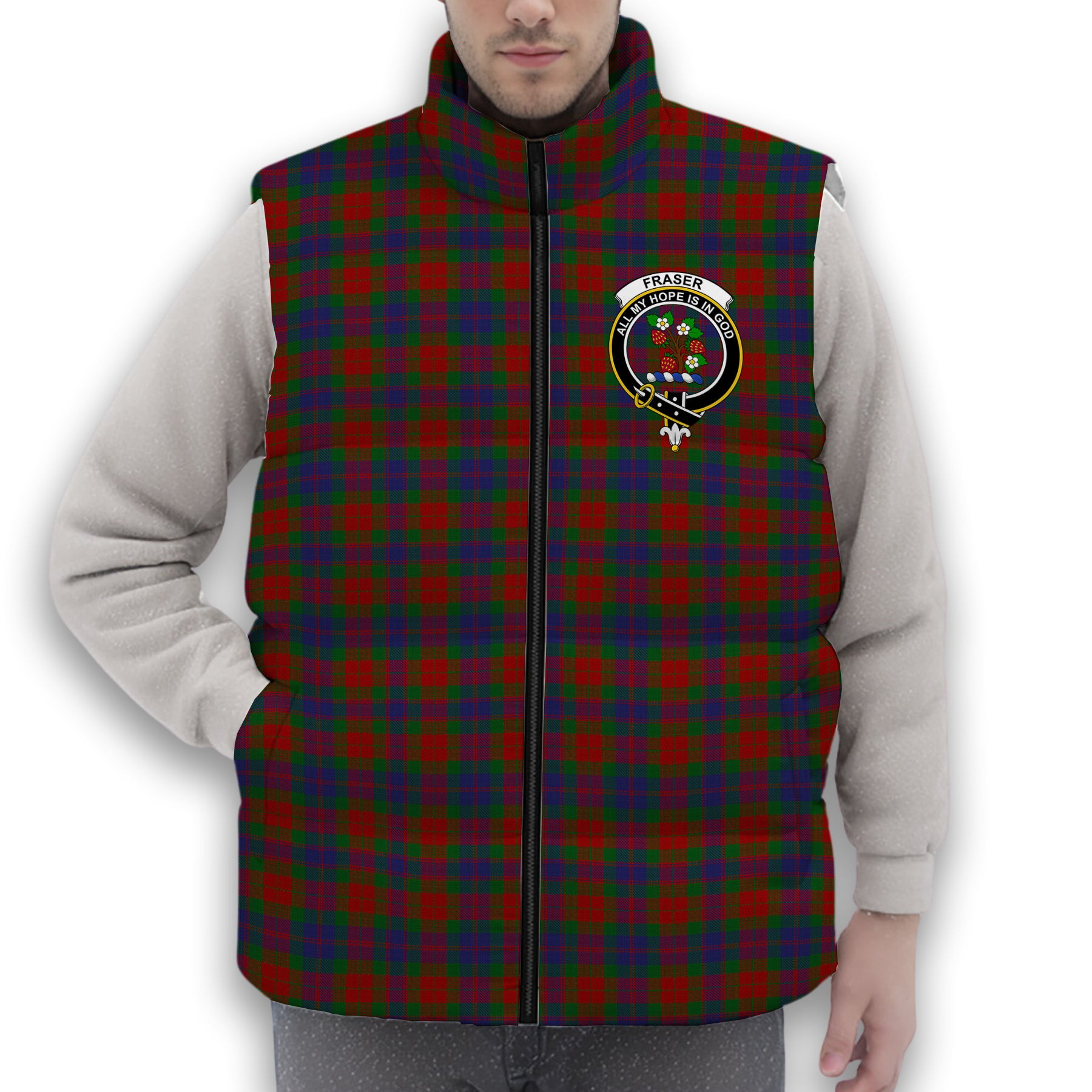 ScotsTee Shop Scottish Fraser 1800 Crest Tartan Puffer Vest Winter White Duck Down Vest Sleeveless