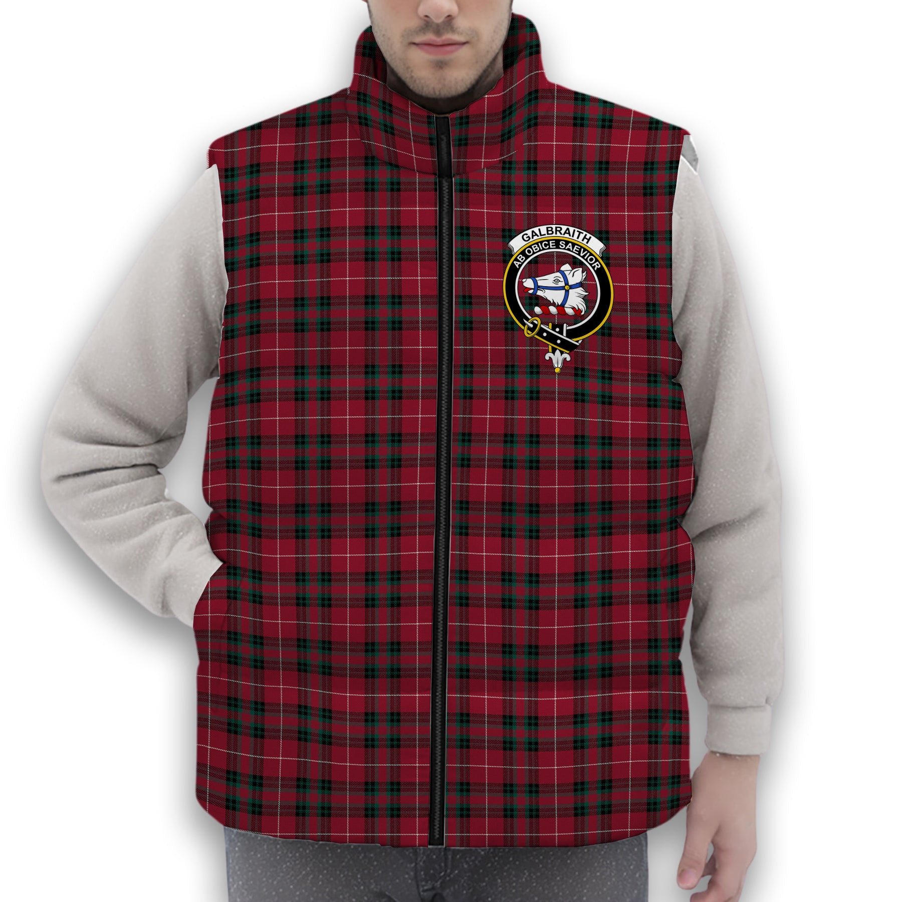 ScotsTee Shop Scottish Galbraith Maroon Modern Crest Tartan Puffer Vest Winter White Duck Down Vest Sleeveless