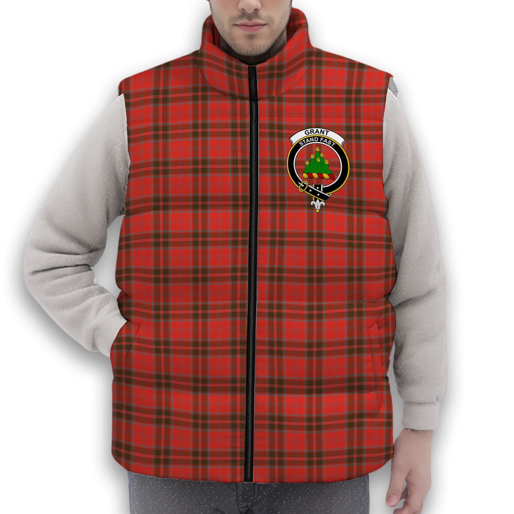 ScotsTee Shop Scottish Grant Weathered Crest Tartan Puffer Vest Winter White Duck Down Vest Sleeveless