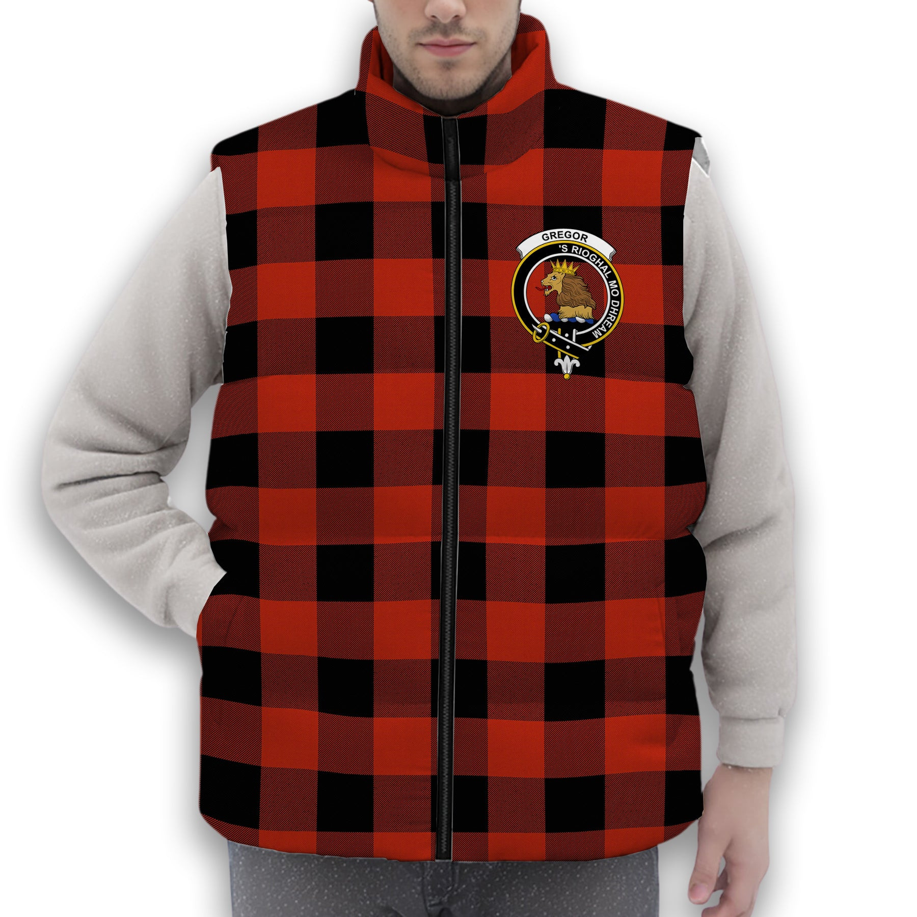 ScotsTee Shop Scottish Gregor Red & Black Ancient Crest Tartan Puffer Vest Winter White Duck Down Vest Sleeveless