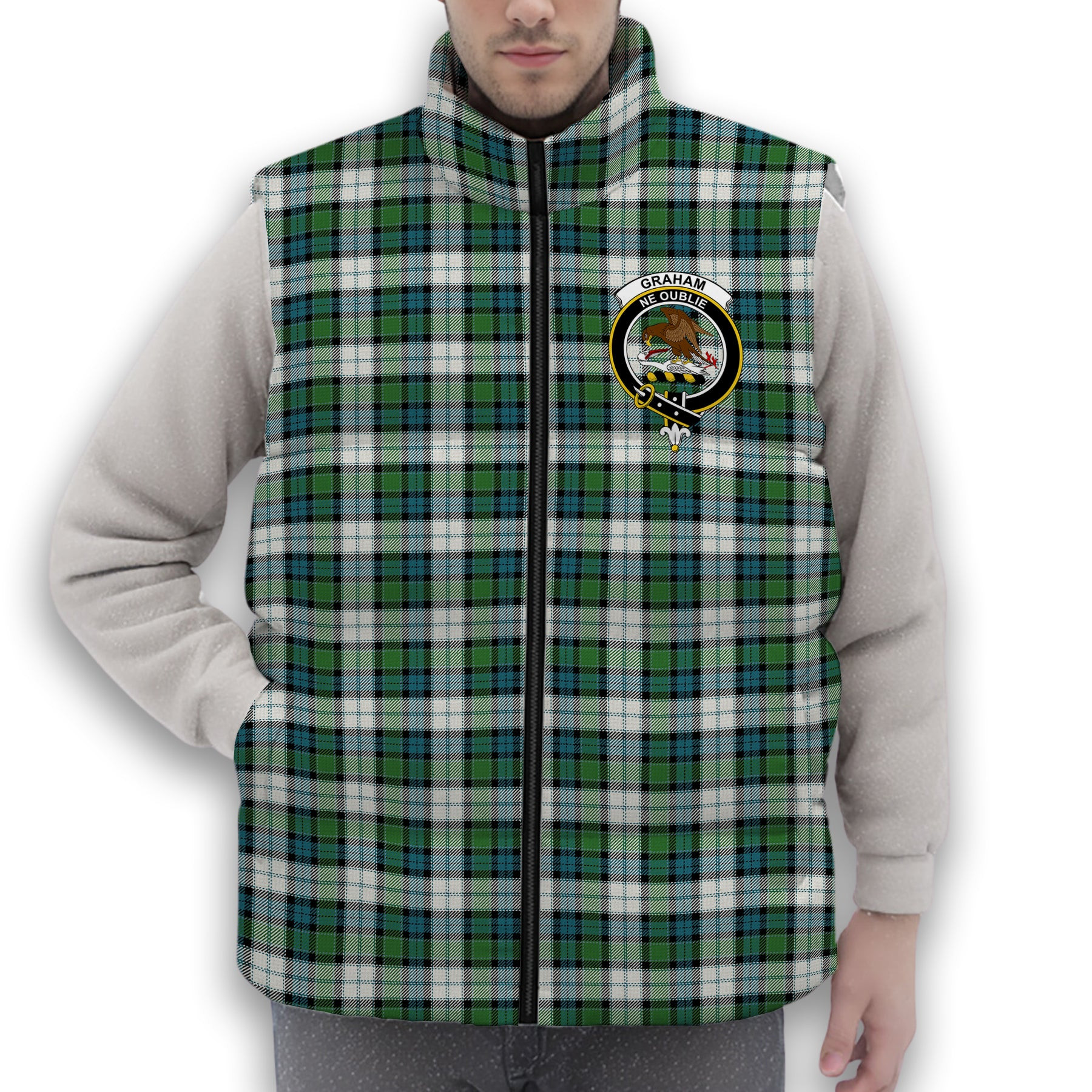 ScotsTee Shop Scottish Graham Dress Ancient Crest Tartan Puffer Vest Winter White Duck Down Vest Sleeveless