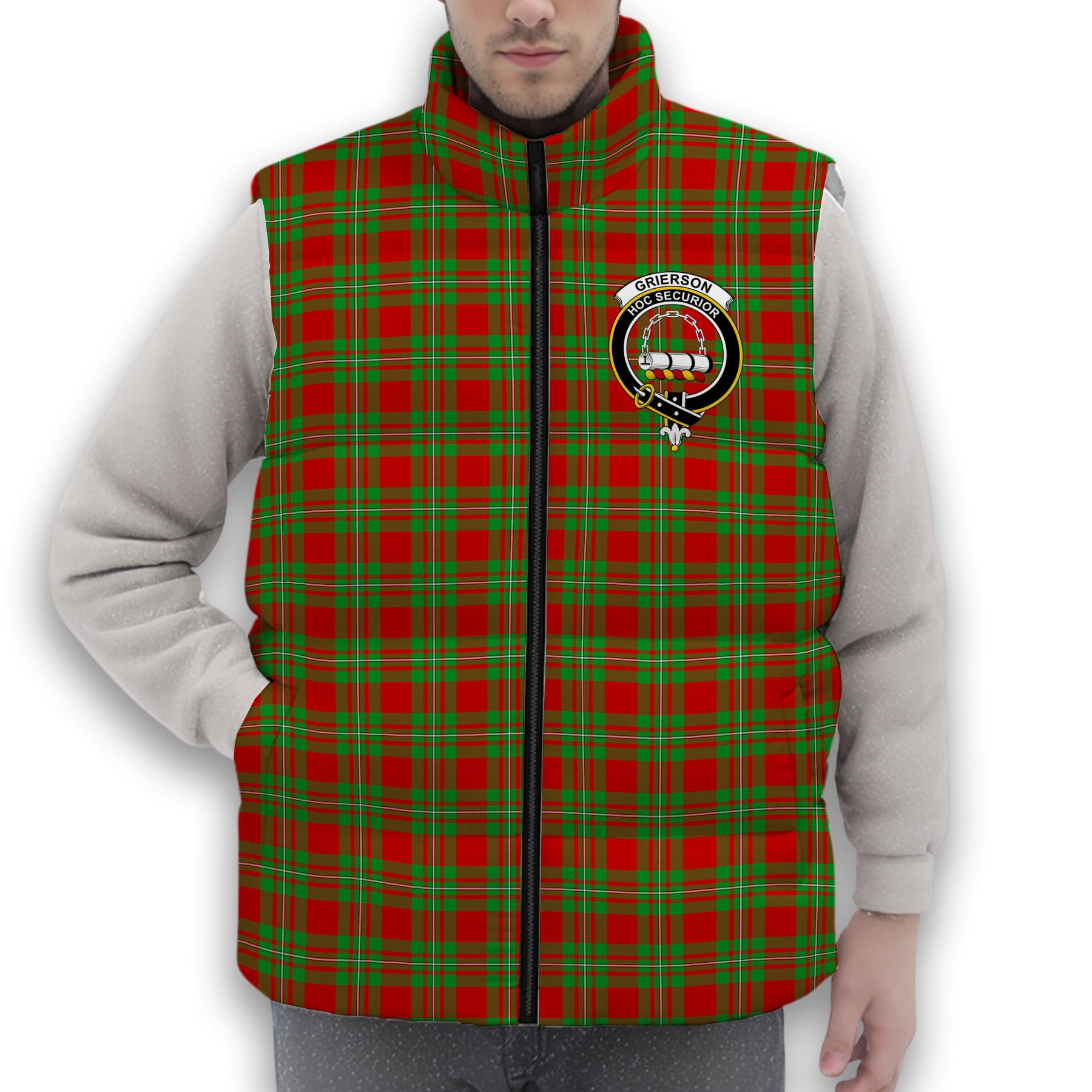 ScotsTee Shop Scottish Grierson Crest Tartan Puffer Vest Winter White Duck Down Vest Sleeveless