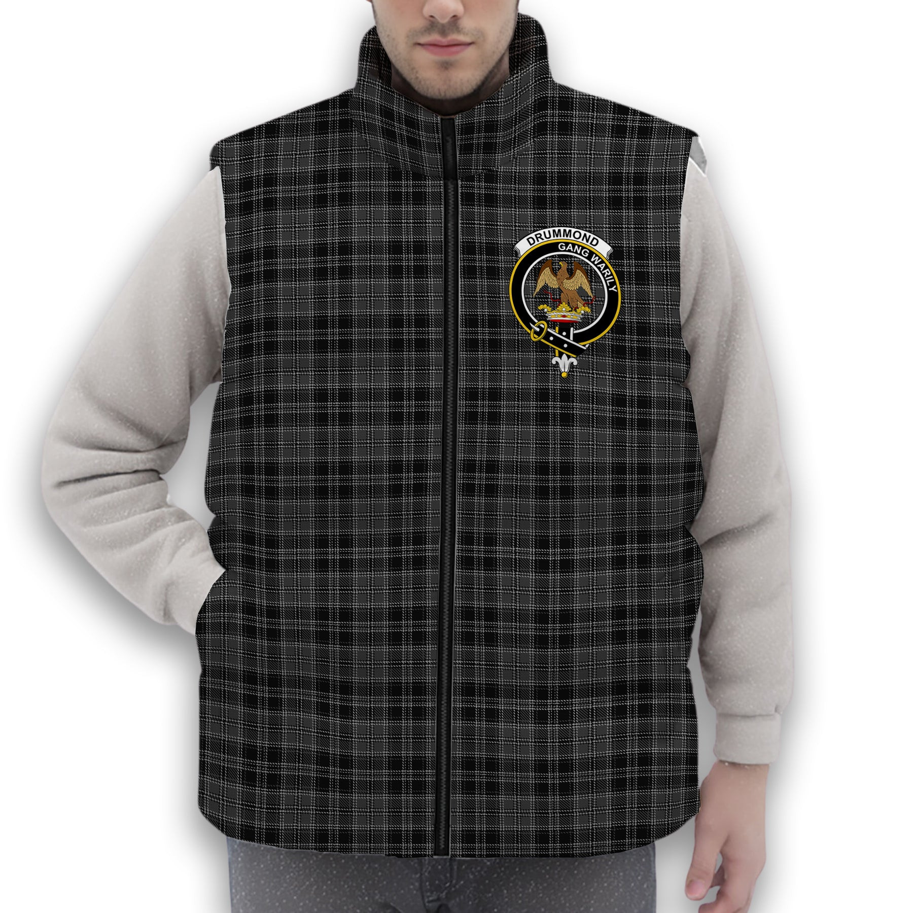 ScotsTee Shop Scottish Drummond Grey Crest Tartan Puffer Vest Winter White Duck Down Vest Sleeveless