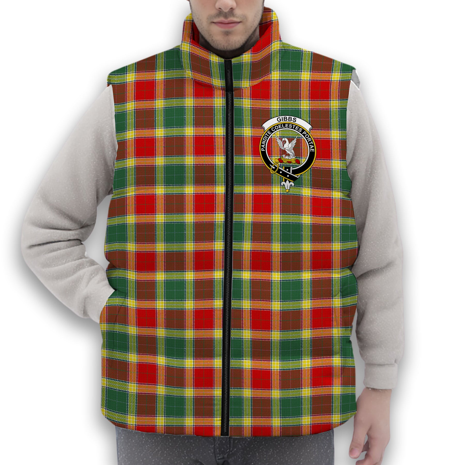 ScotsTee Shop Scottish Gibbs Modern Crest Tartan Puffer Vest Winter White Duck Down Vest Sleeveless