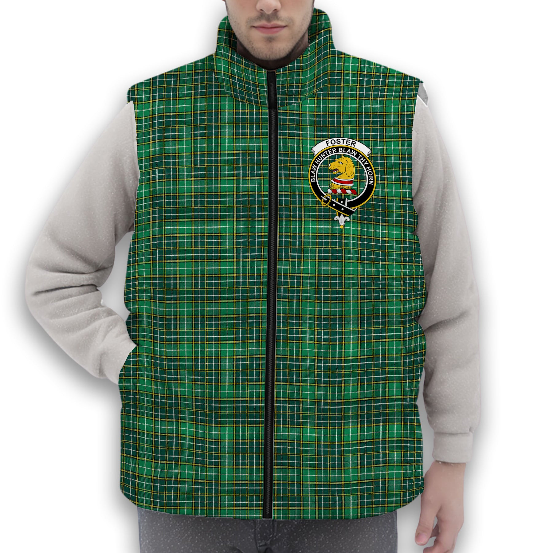 ScotsTee Shop Scottish Foster Hunting Modern Crest Tartan Puffer Vest Winter White Duck Down Vest Sleeveless