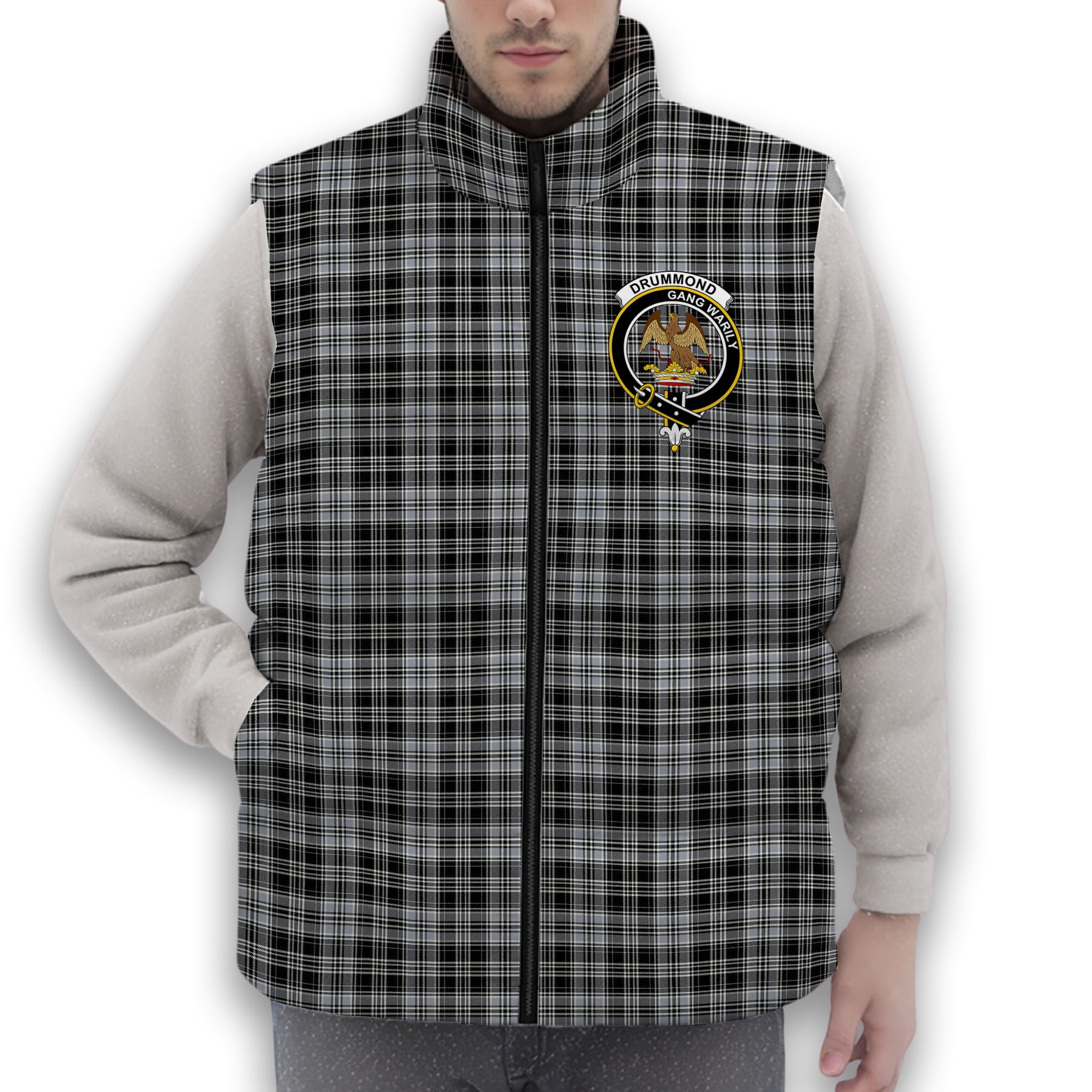 ScotsTee Shop Scottish Drummond Grey Ancient Crest Tartan Puffer Vest Winter White Duck Down Vest Sleeveless