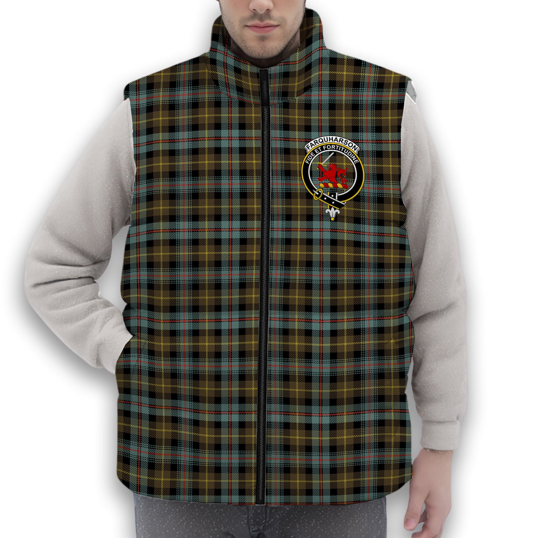 ScotsTee Shop Scottish Farquharson Weathered Crest Tartan Puffer Vest Winter White Duck Down Vest Sleeveless