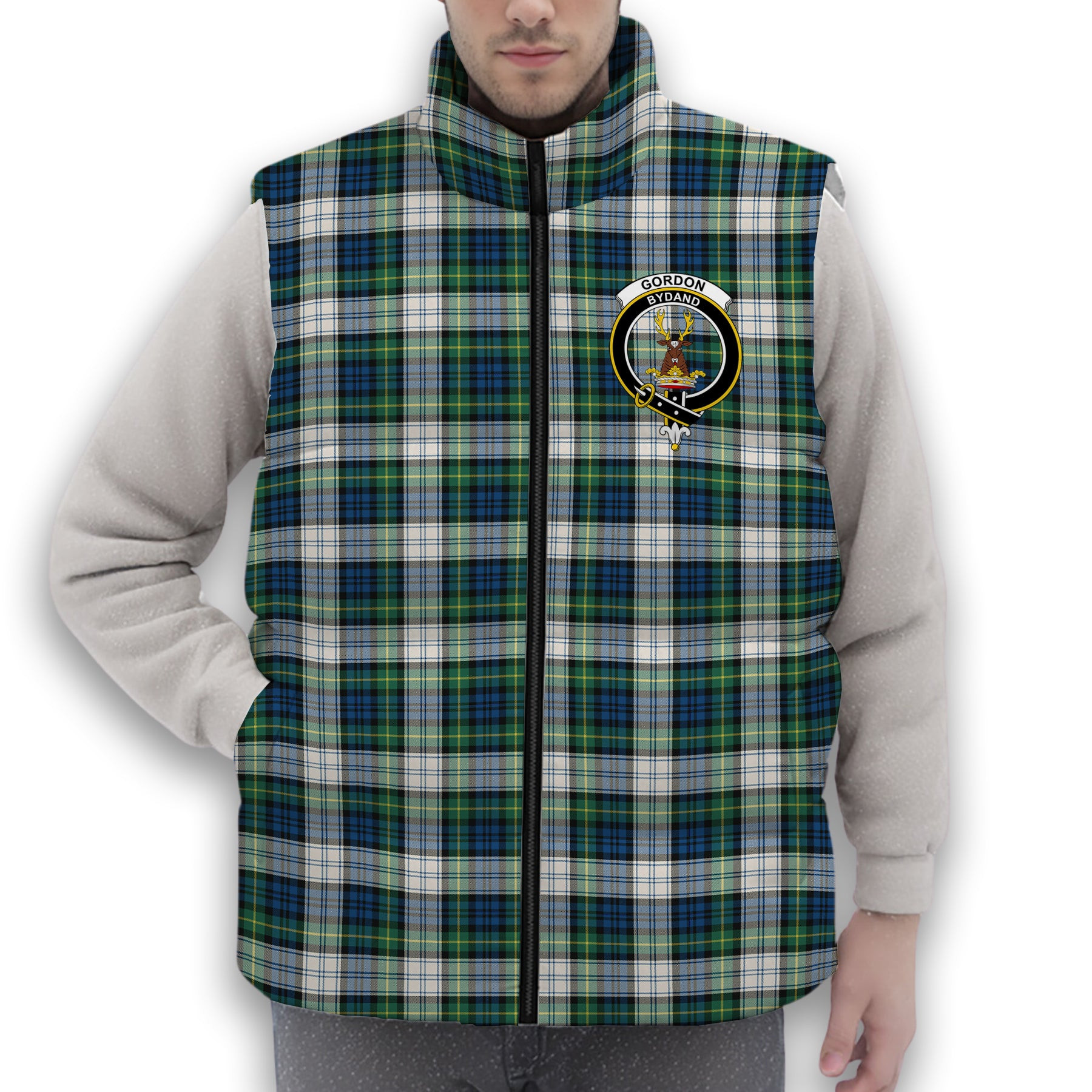 ScotsTee Shop Scottish Gordon Dress Ancient Crest Tartan Puffer Vest Winter White Duck Down Vest Sleeveless