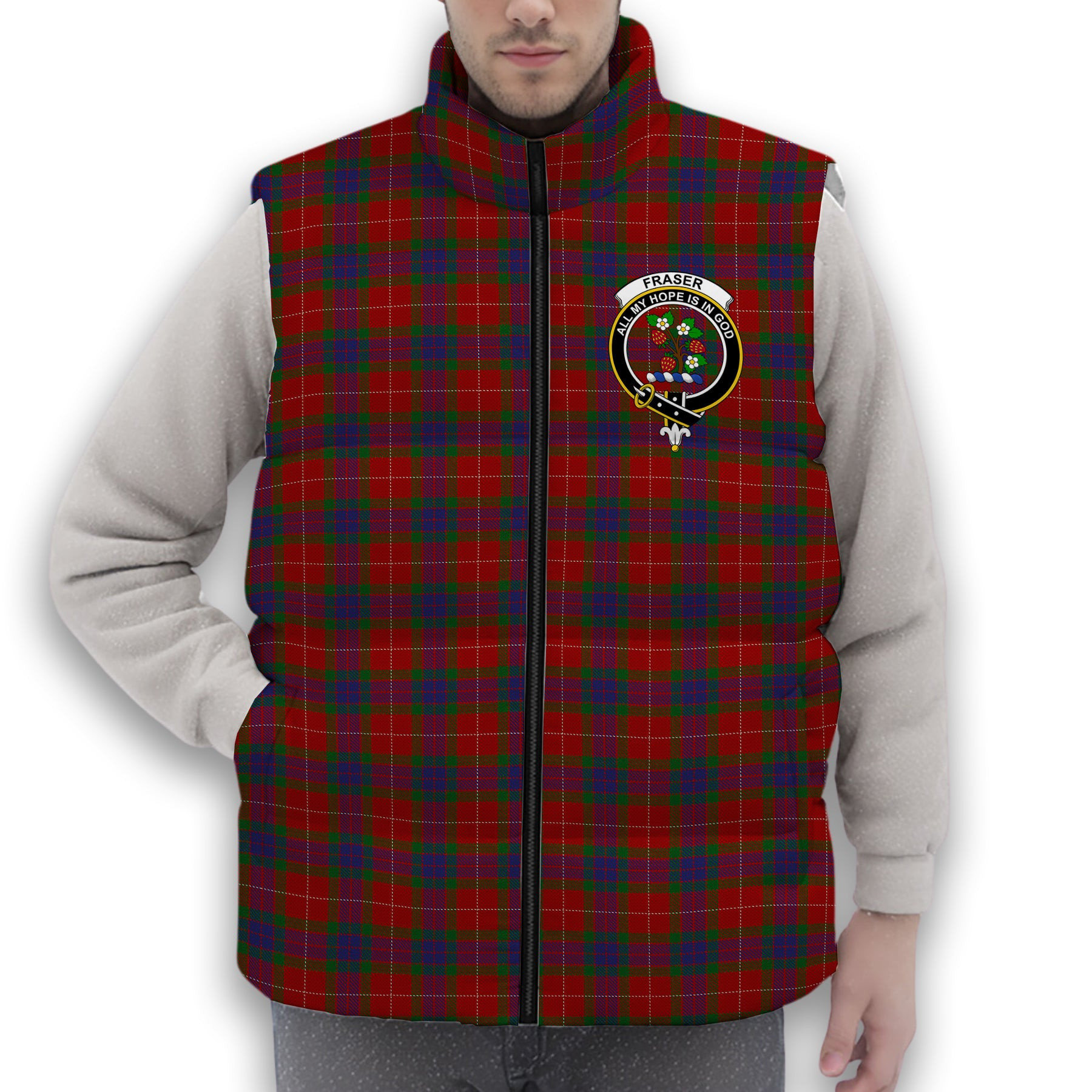 ScotsTee Shop Scottish Fraser 1842 Crest Tartan Puffer Vest Winter White Duck Down Vest Sleeveless