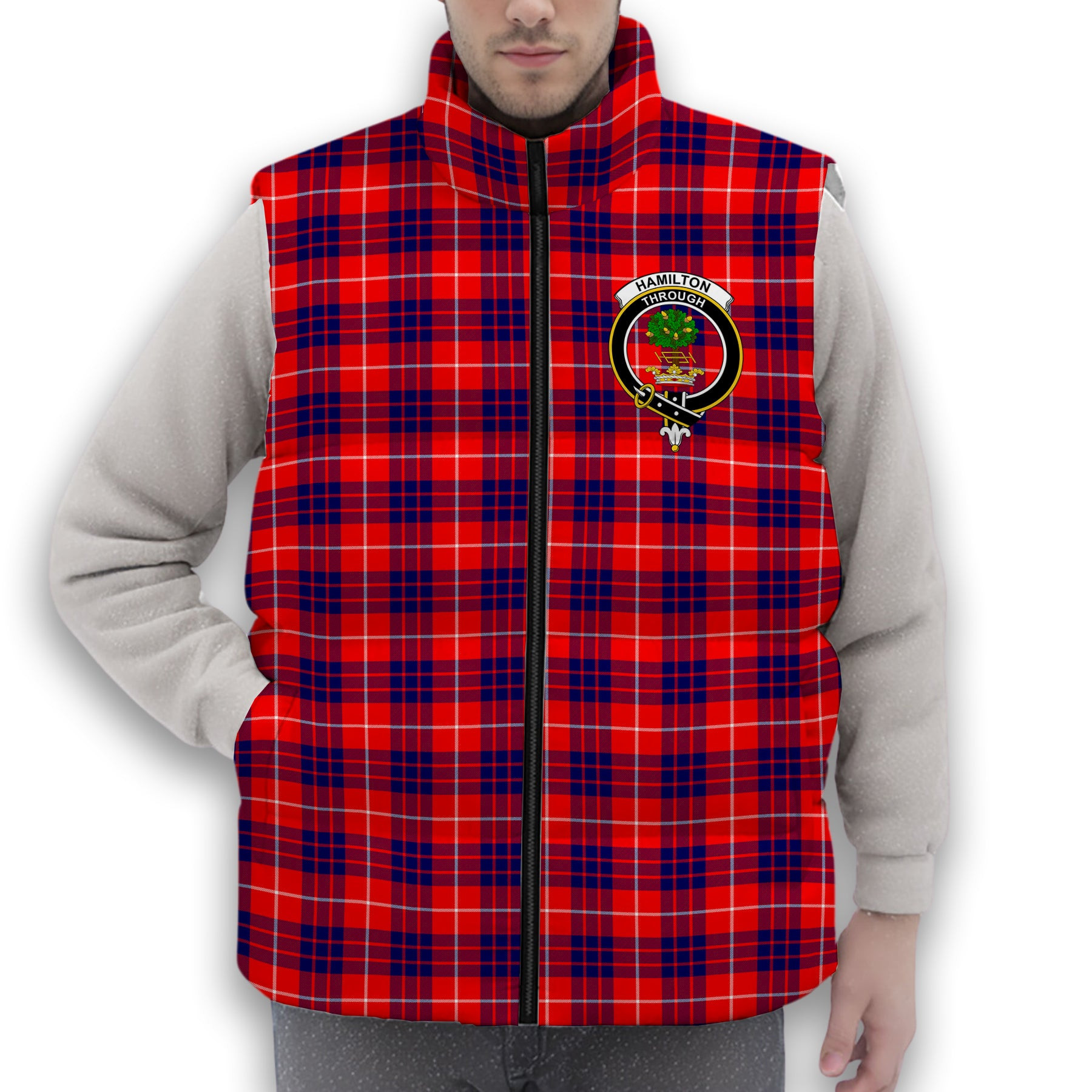 ScotsTee Shop Scottish Hamilton Modern Crest Tartan Puffer Vest Winter White Duck Down Vest Sleeveless