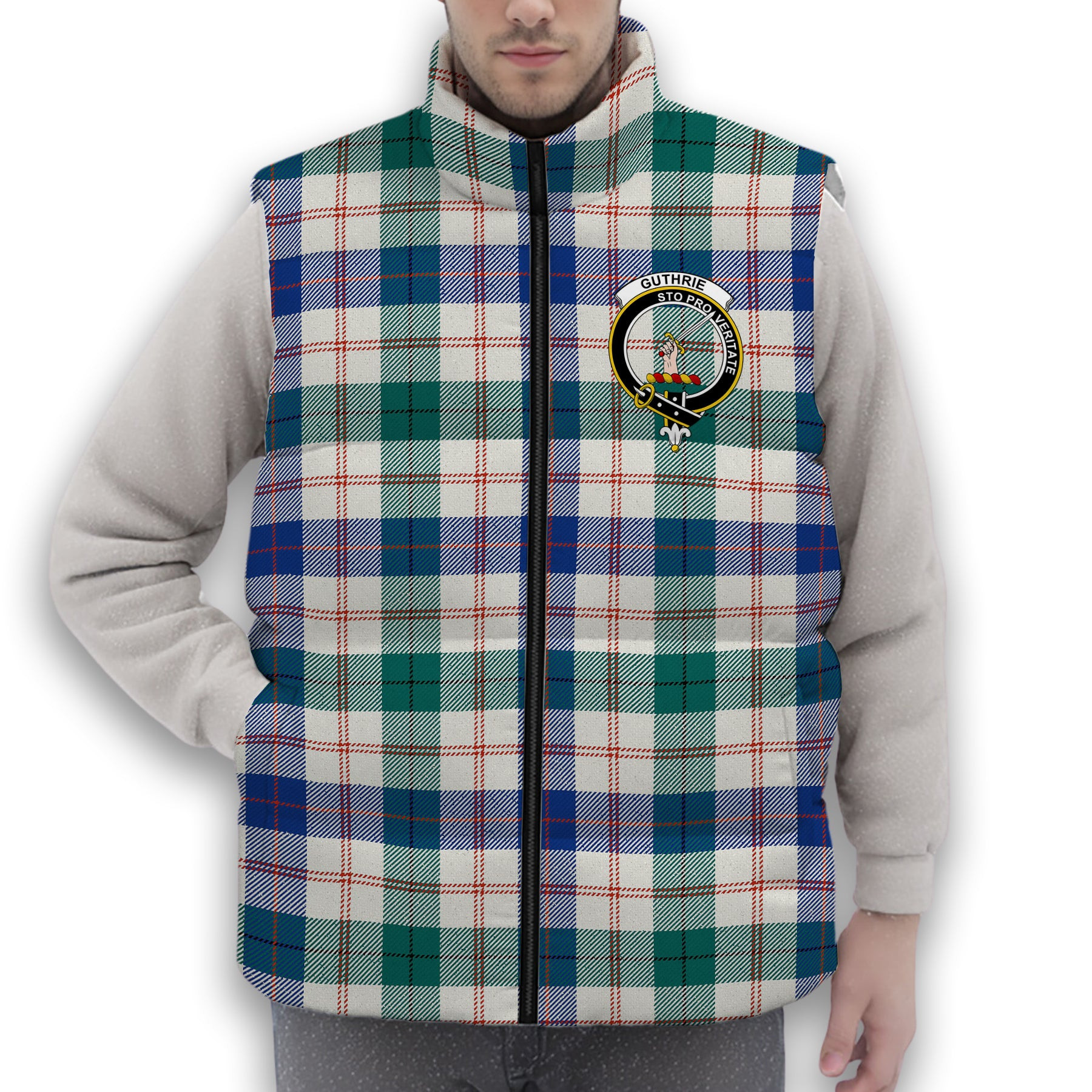 ScotsTee Shop Scottish Guthrie Dress Modern Crest Tartan Puffer Vest Winter White Duck Down Vest Sleeveless